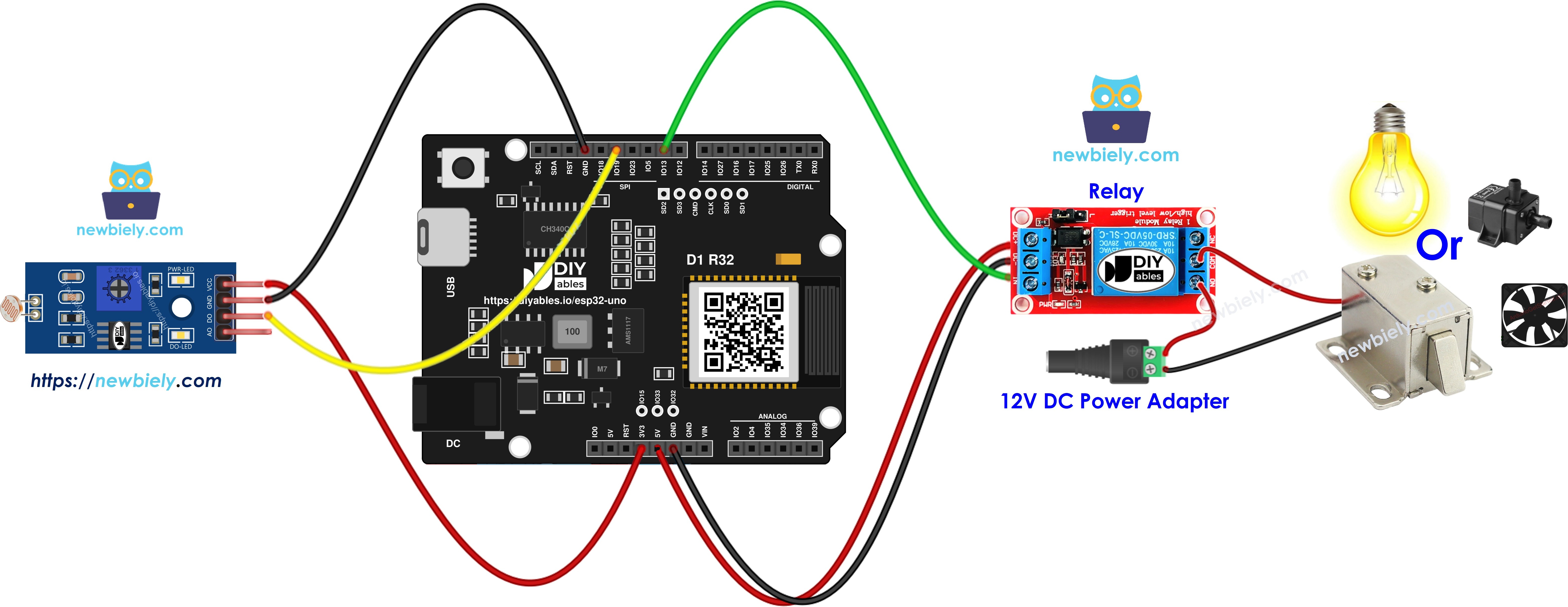 The wiring diagram between ESP32 Uno LDR Light Sensor module relay