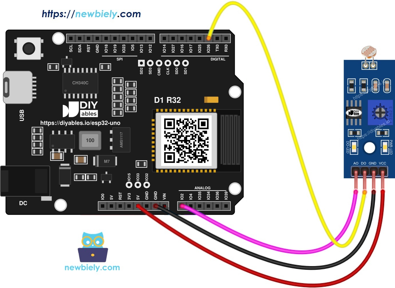 The wiring diagram between ESP32 Uno LDR Light Sensor Module