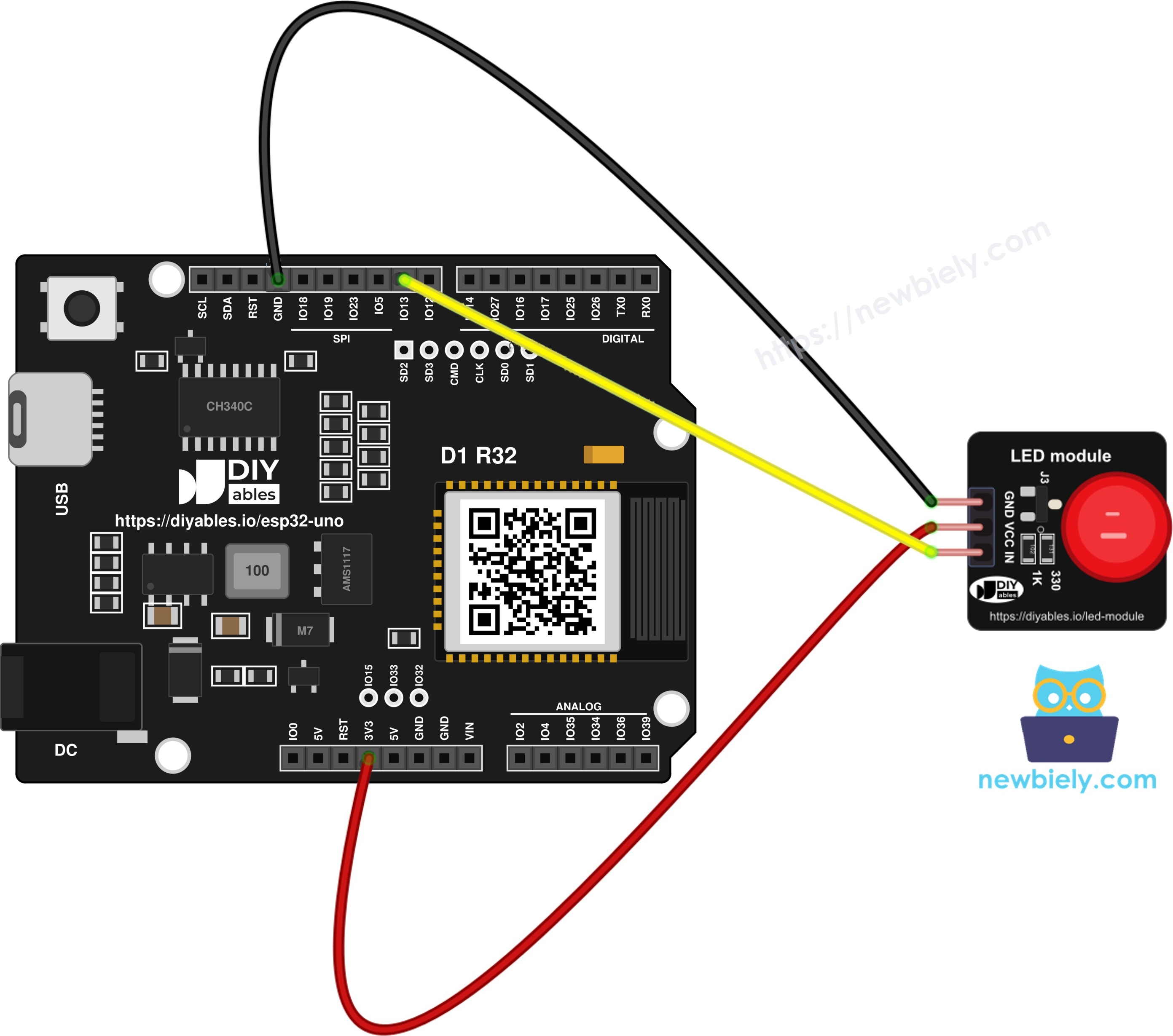 The wiring diagram between ESP32 Uno LED module
