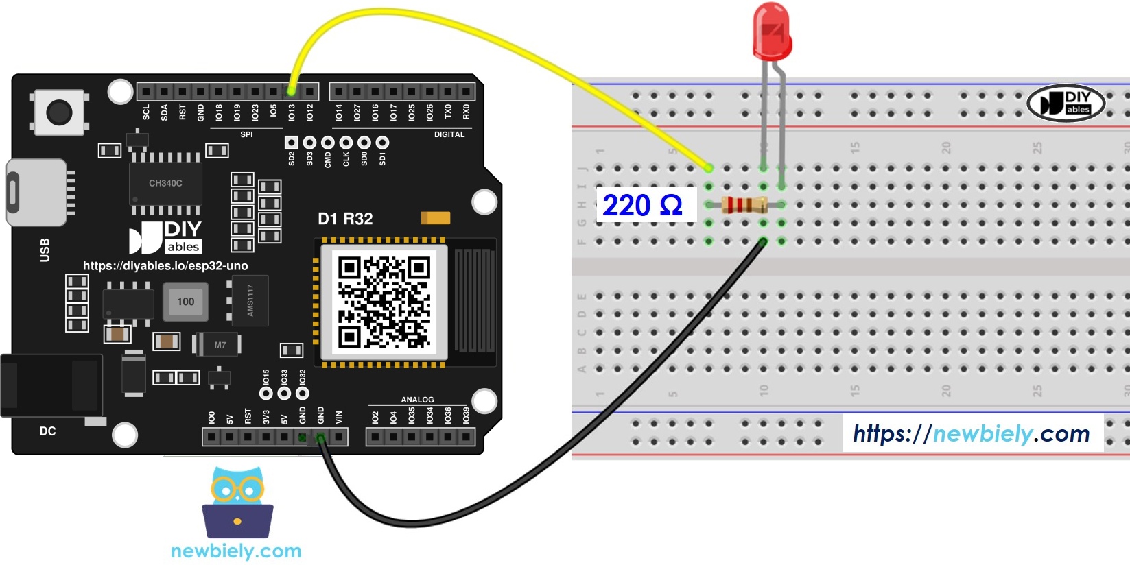 The wiring diagram between ESP32 Uno LED