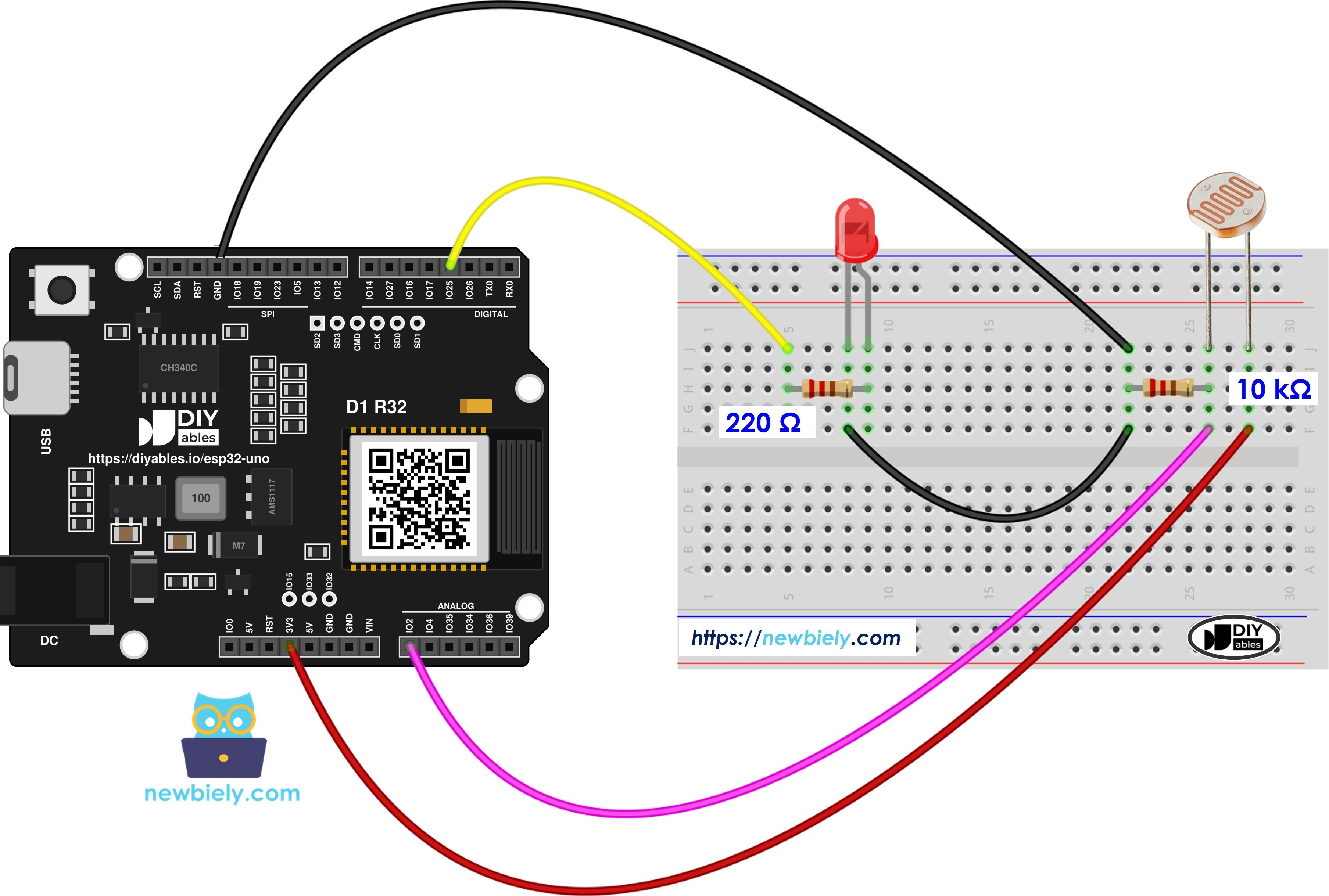 The wiring diagram between ESP32 Uno Light Sensor LED