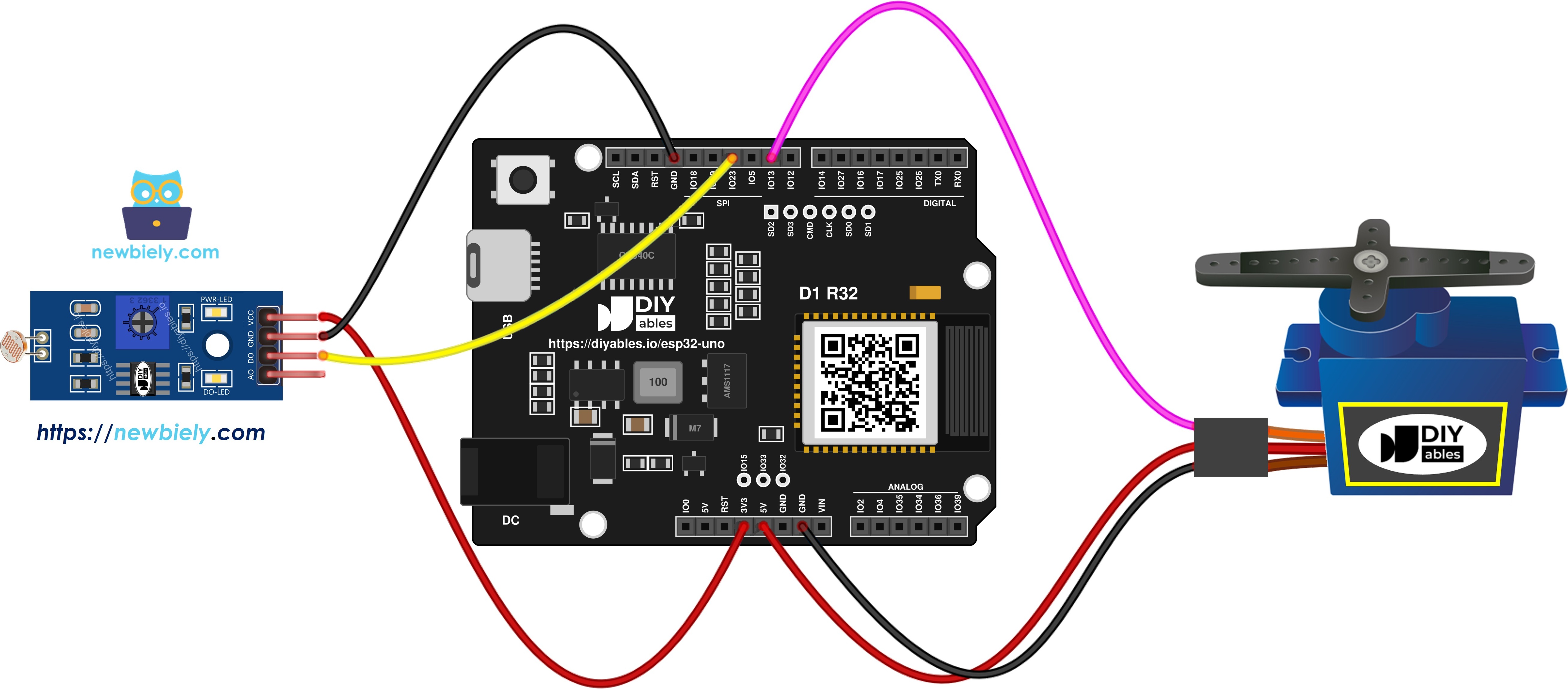 The wiring diagram between ESP32 Uno Light Sensor module Servo Motor