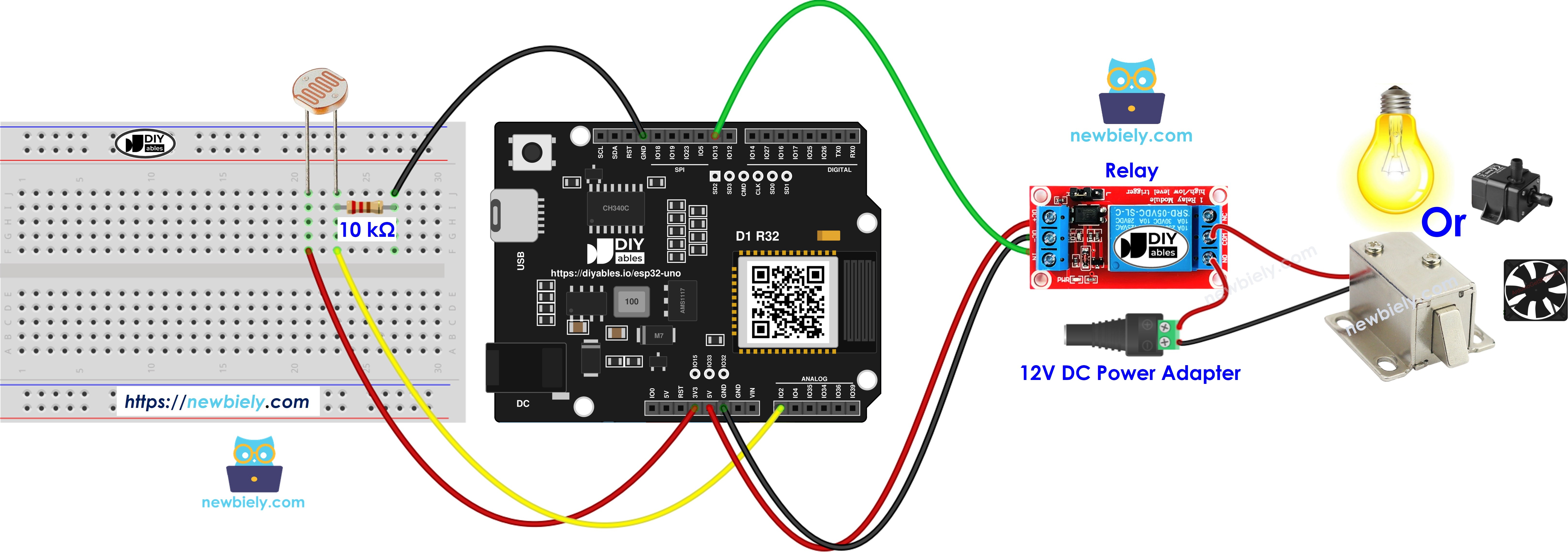 The wiring diagram between ESP32 Uno Light Sensor Relay