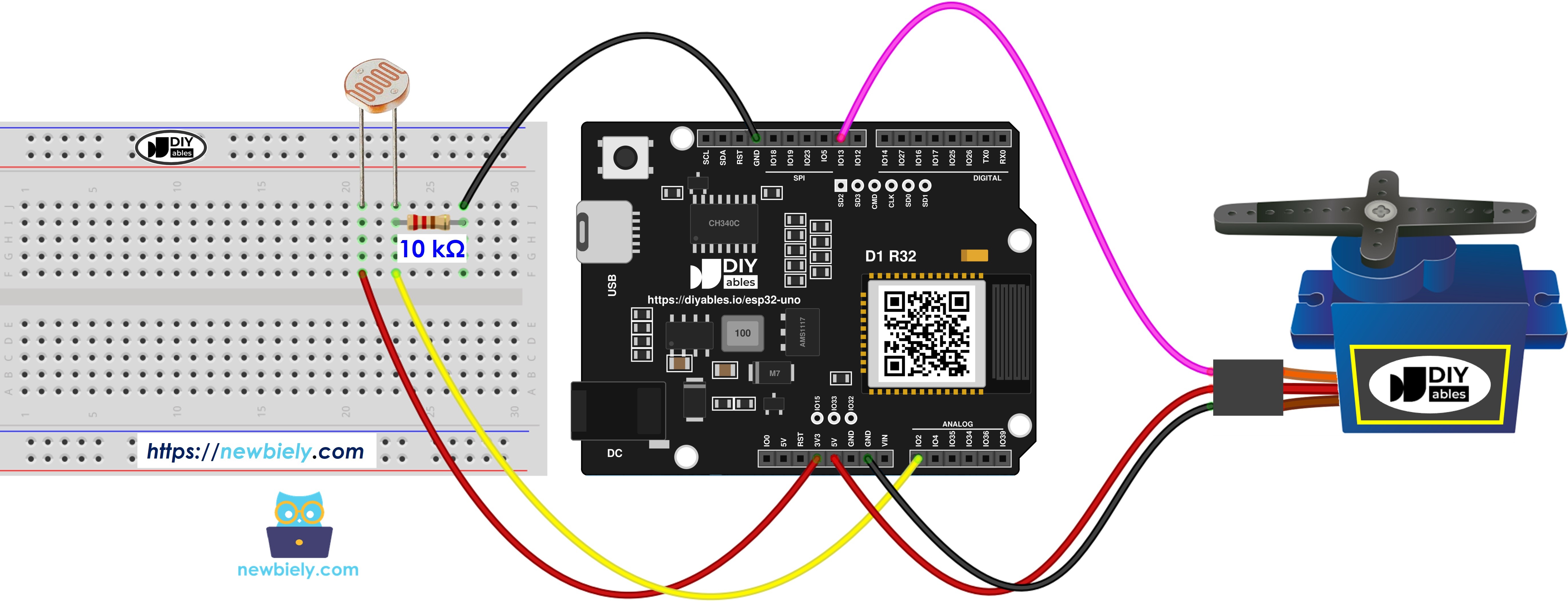 The wiring diagram between ESP32 Uno Light Sensor Servo Motor