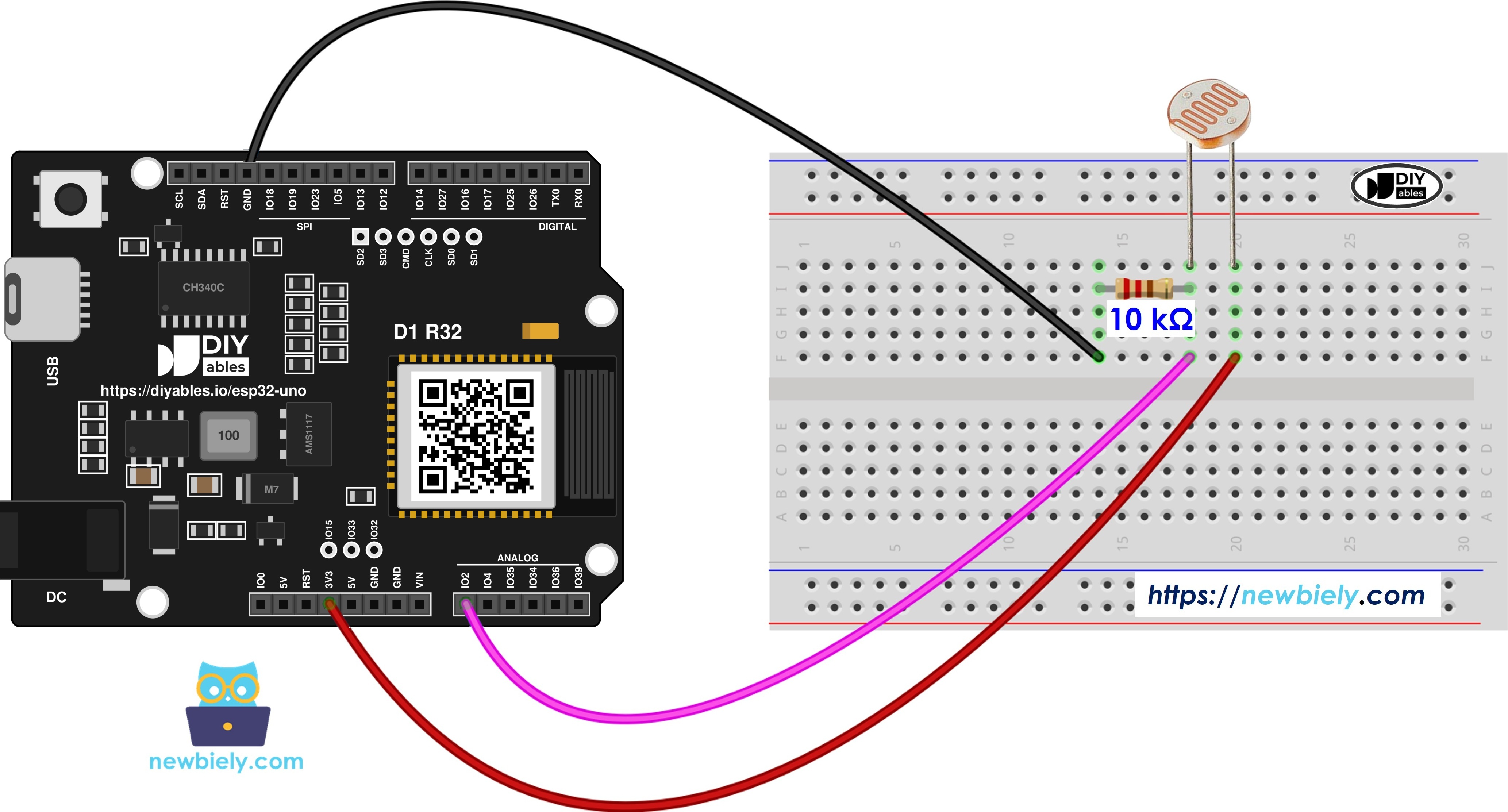 The wiring diagram between ESP32 Uno Light Sensor