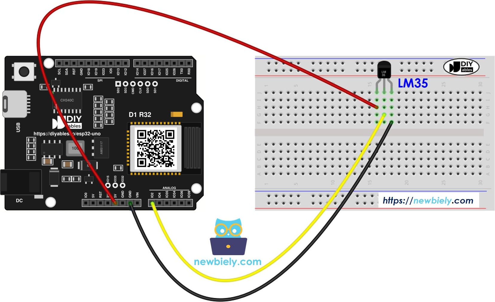 The wiring diagram between ESP32 Uno LM35 temperature sensor