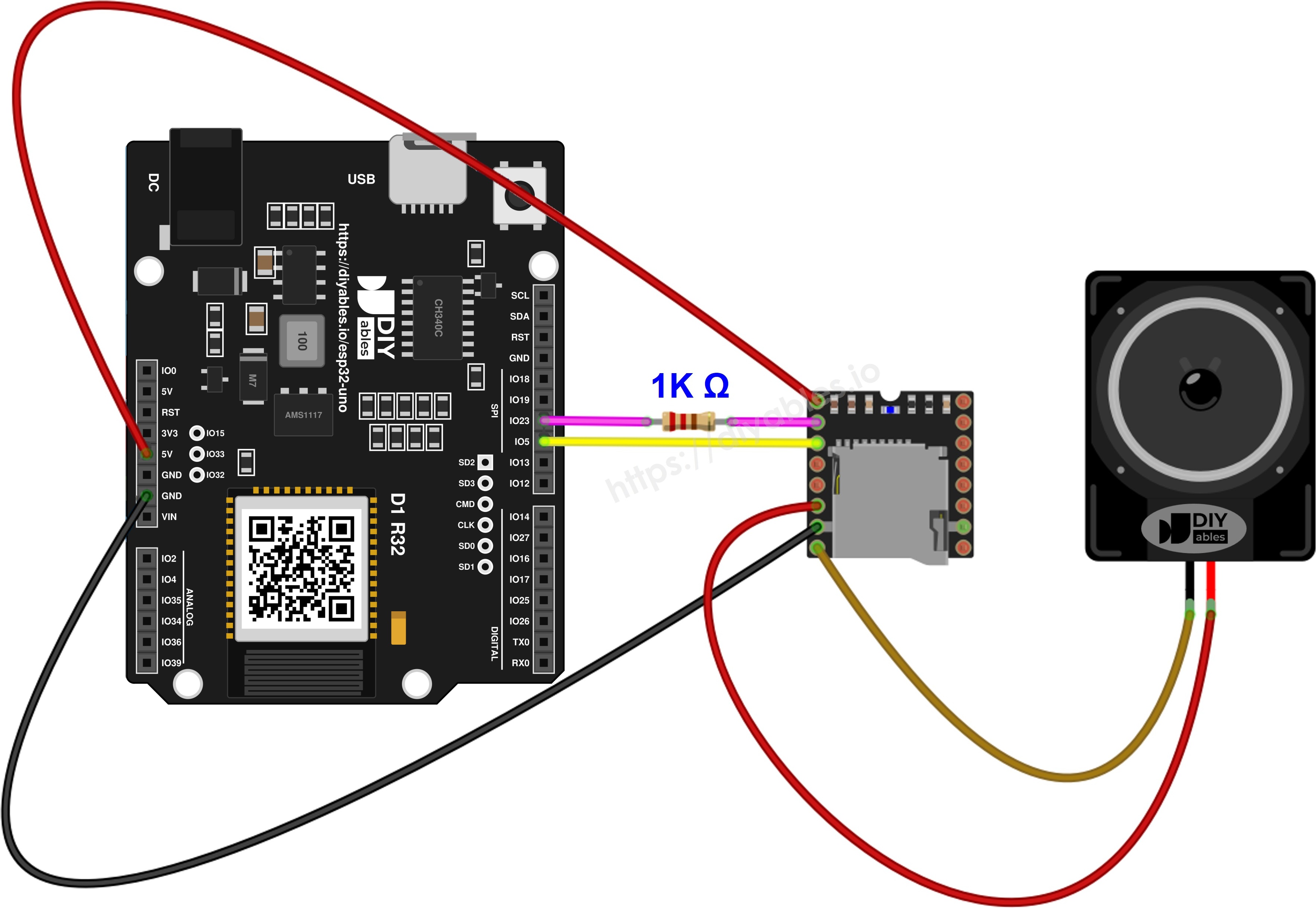 The wiring diagram between ESP32 Uno Mini Mp3 Player