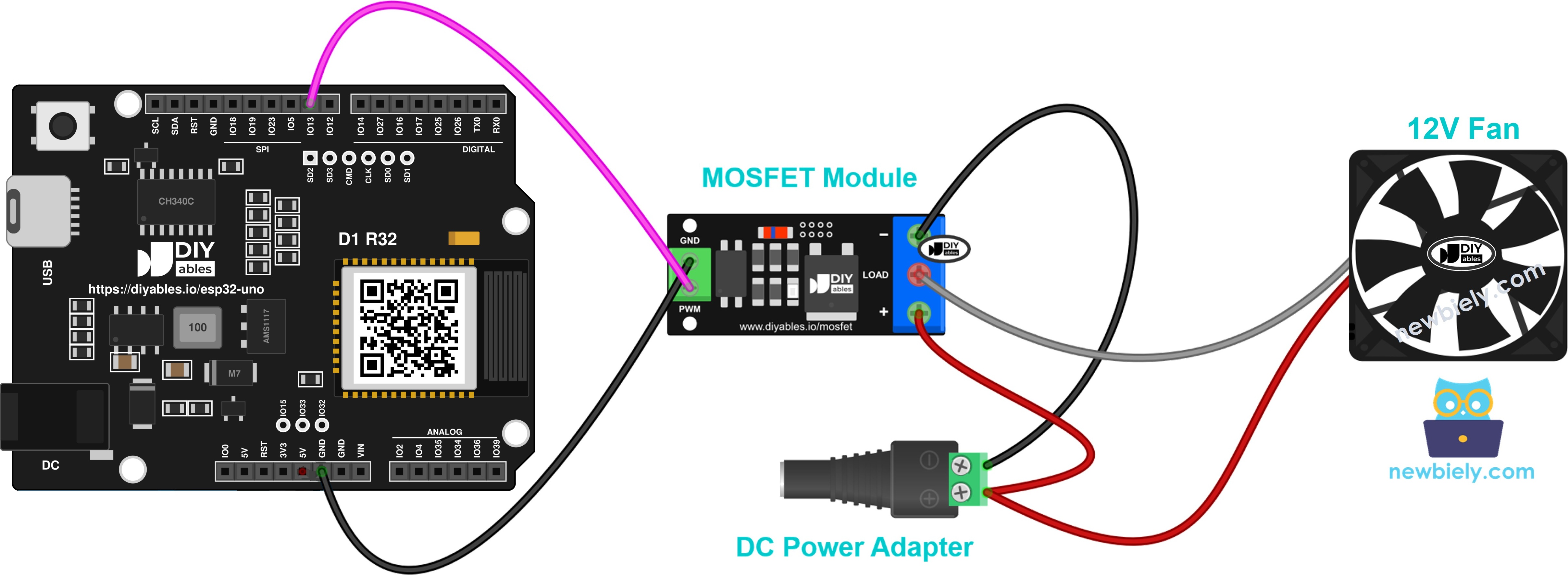 ESP32 Uno MOSFET module wiring with a 12V cooling fan