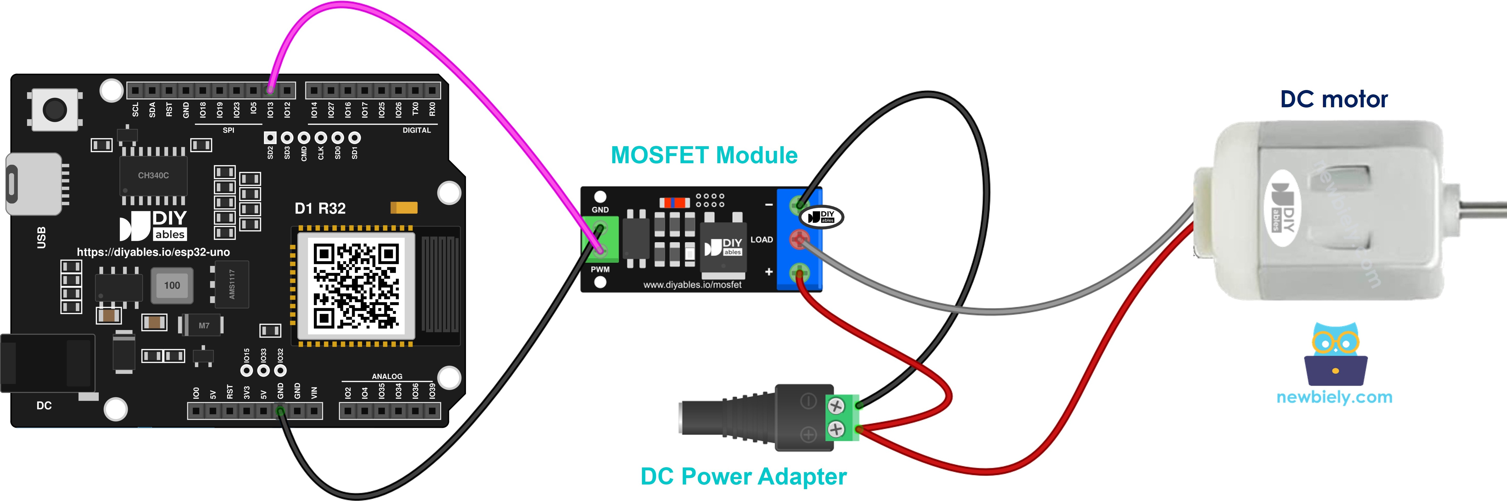 12V DC motor and MOSFET module wiring