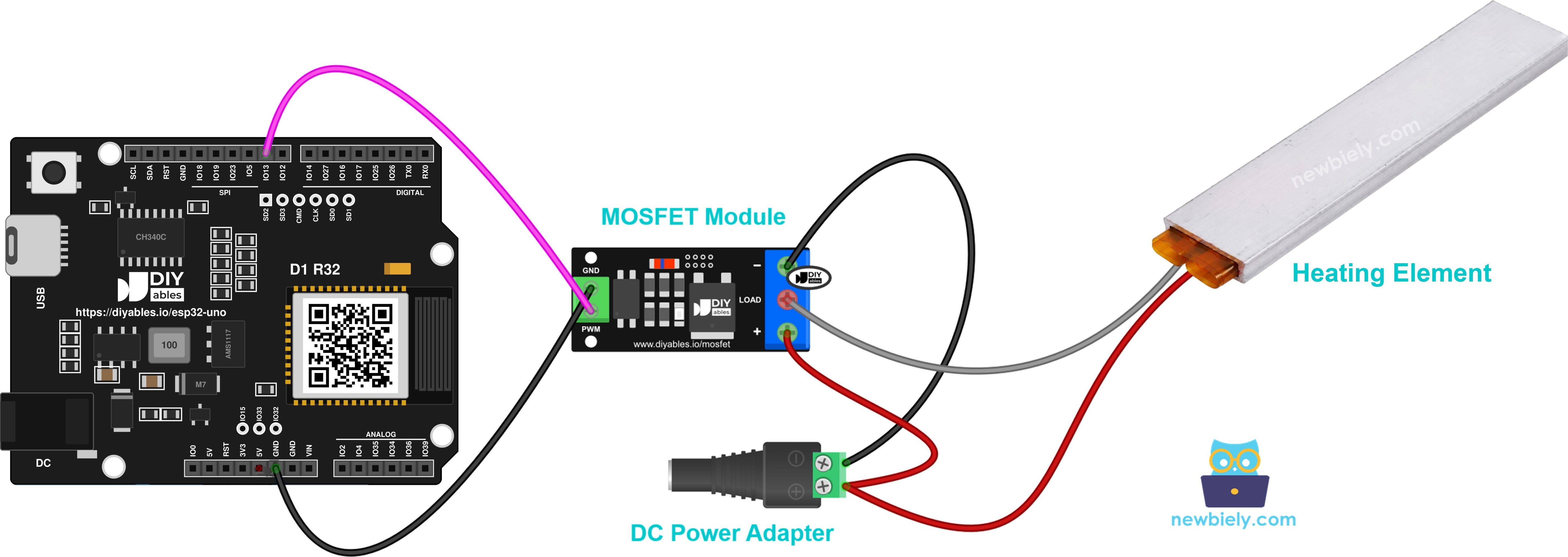 The wiring diagram between ESP32 Uno heating element MOSFET module