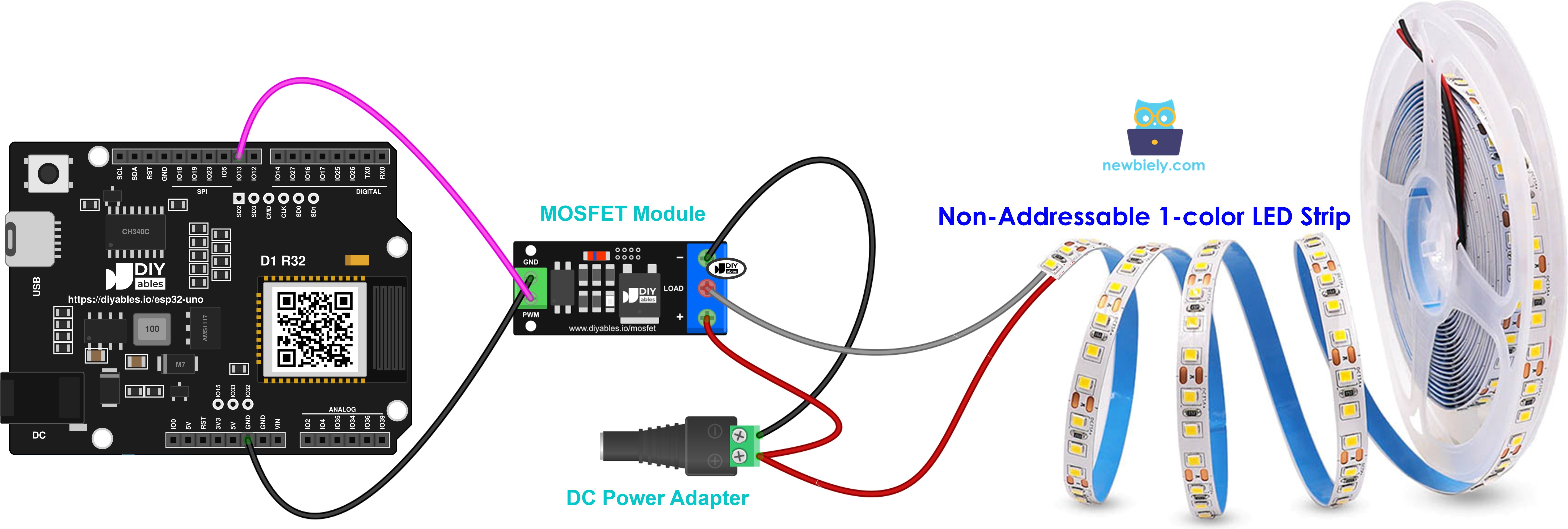 The wiring diagram between ESP32 Uno LED strip MOSFET module