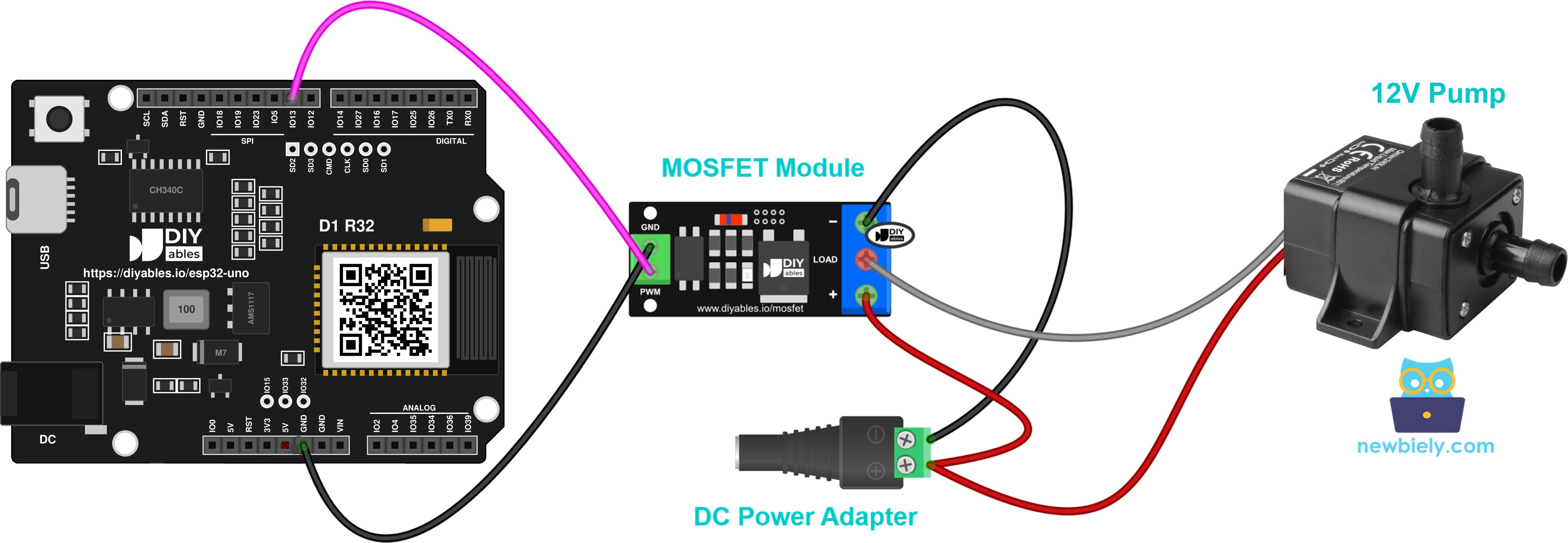The wiring diagram between ESP32 Uno pump MOSFET module