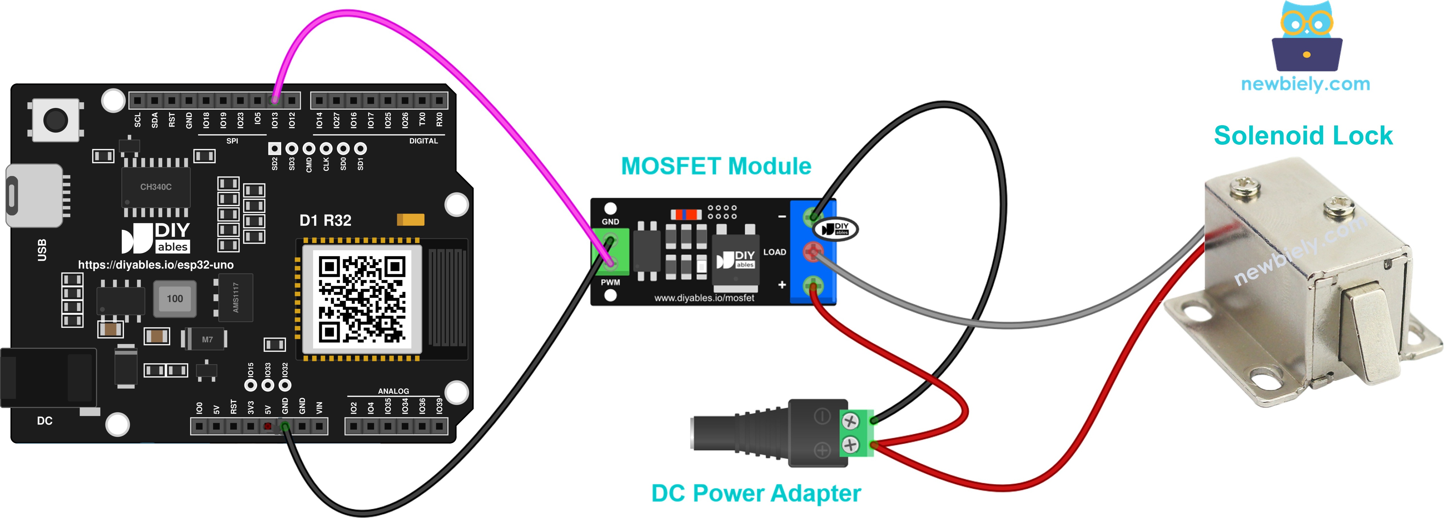 12V solenoid lock wired to MOSFET module