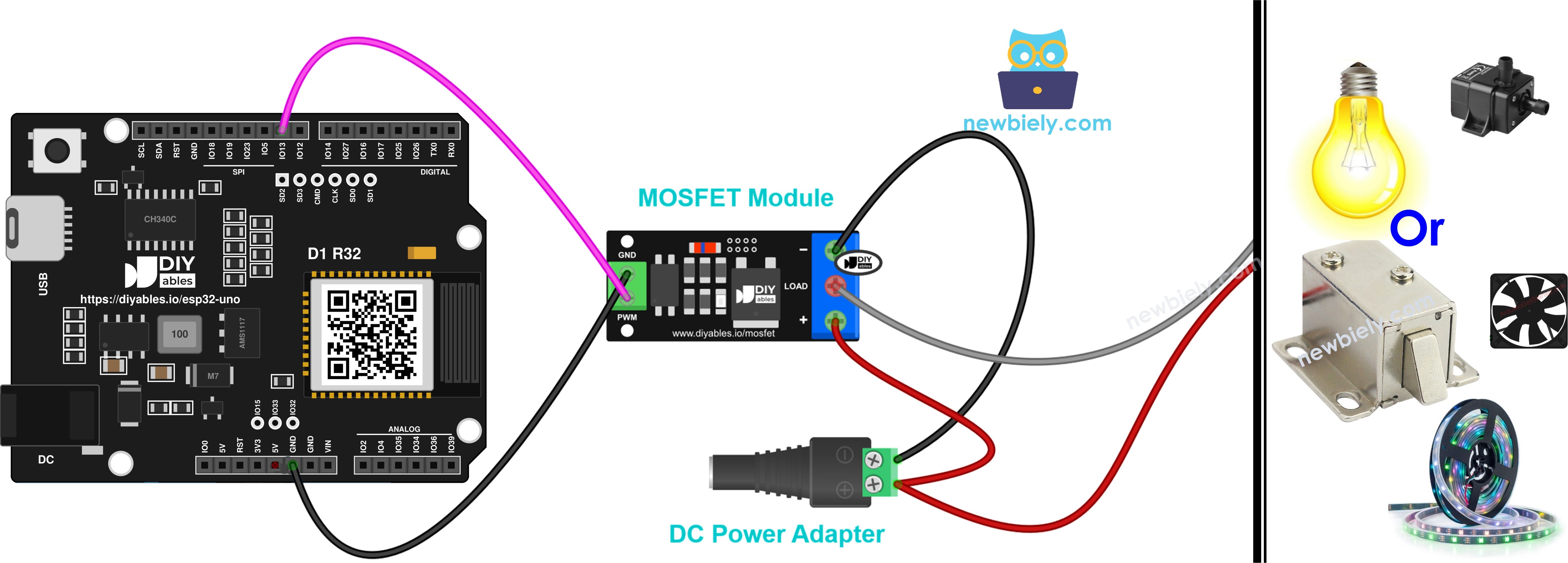 The wiring diagram between ESP32 Uno with AOD4184, LR7843 or FR120N MOSFET module