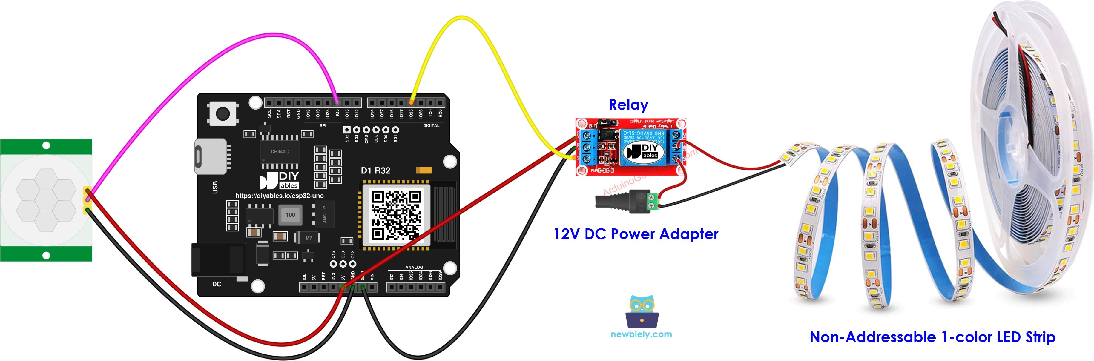 The wiring diagram between ESP32 Uno Motion Sensor LED strip