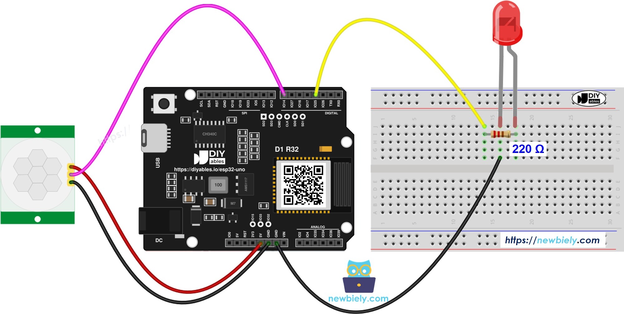 The wiring diagram between ESP32 Uno motion sensor LED
