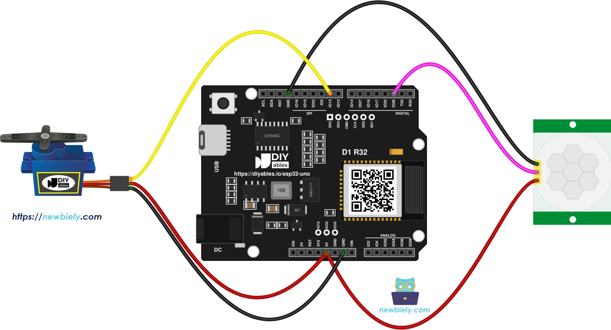 The wiring diagram between ESP32 Uno Motion Sensor Servo Motor