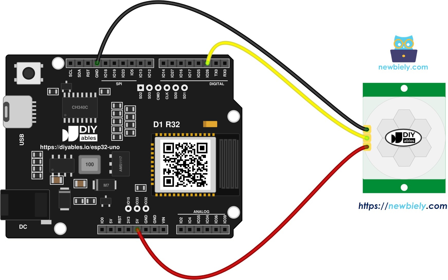 The wiring diagram between ESP32 Uno Motion Sensor