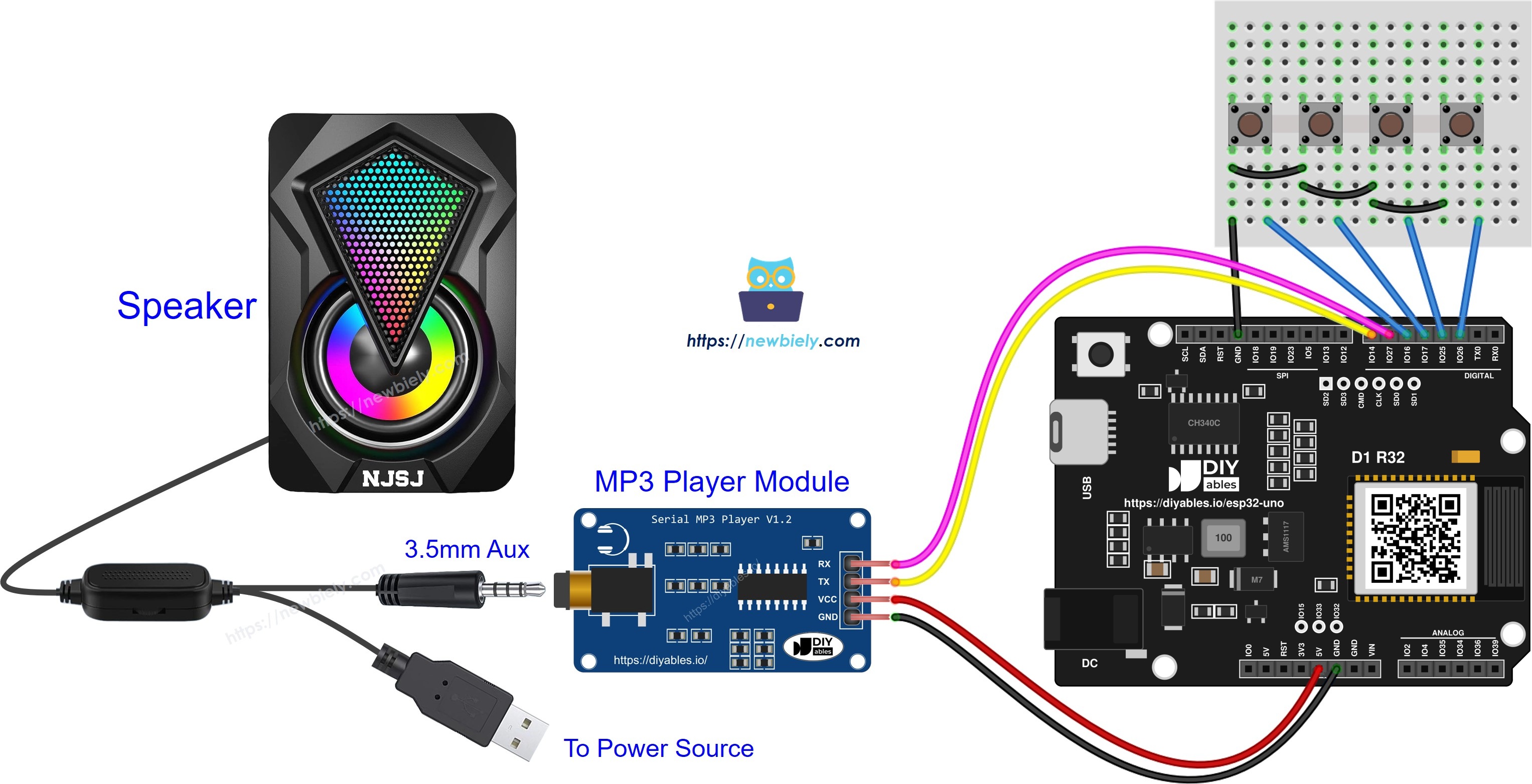 The wiring diagram between ESP32 Uno MP3 player speaker