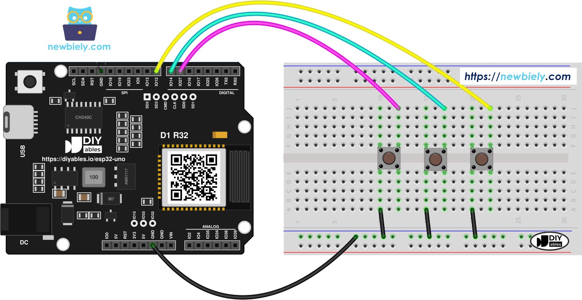 The wiring diagram between ESP32 Uno Button Library