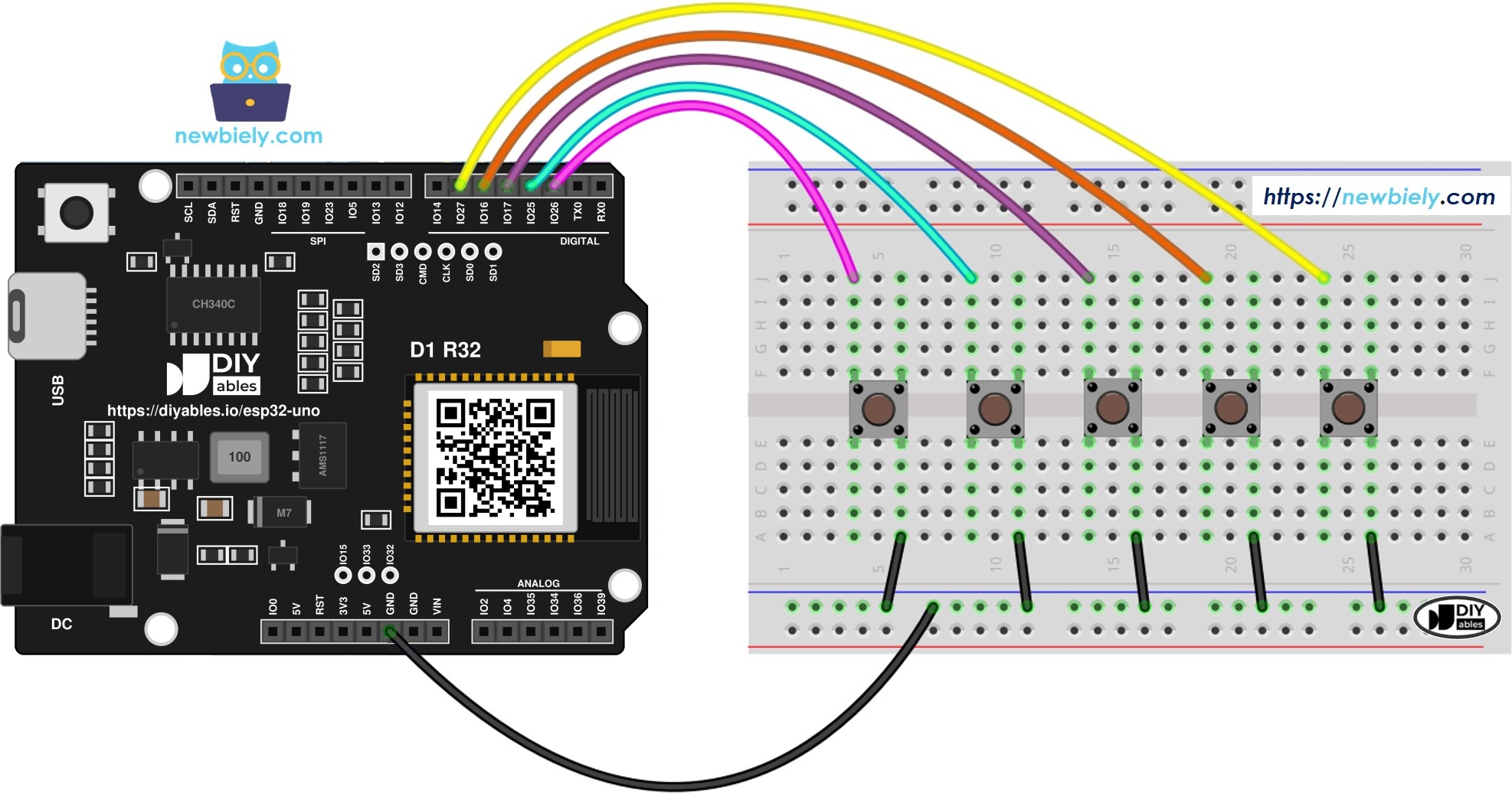 The wiring diagram between ESP32 Uno multiple button