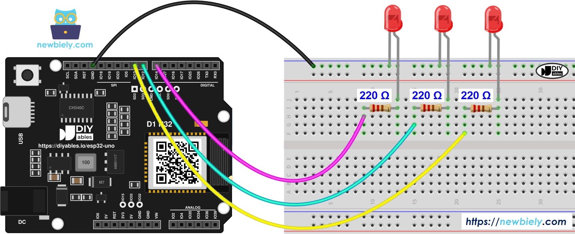 The wiring diagram between ESP32 Uno multiple LED