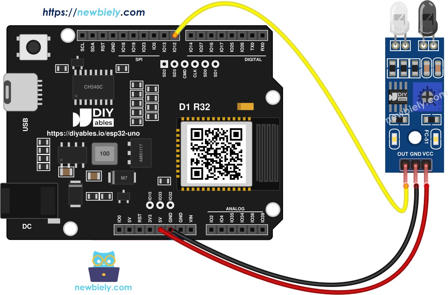 The wiring diagram between ESP32 Uno IR Obstacle Avoidance Sensor