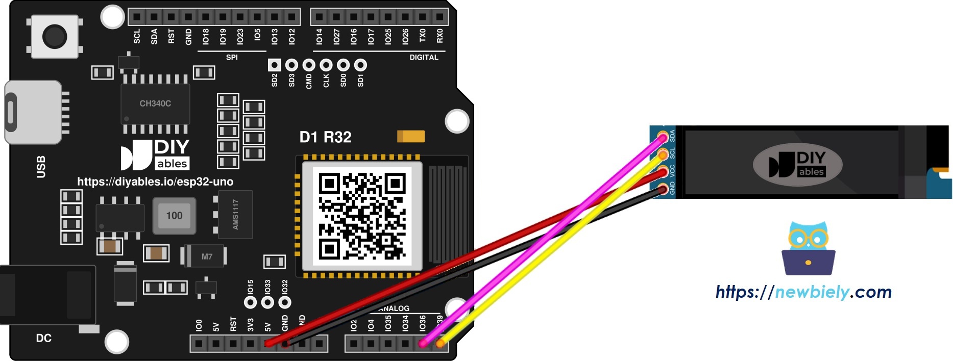 The wiring diagram between ESP32 Uno OLED 128x32