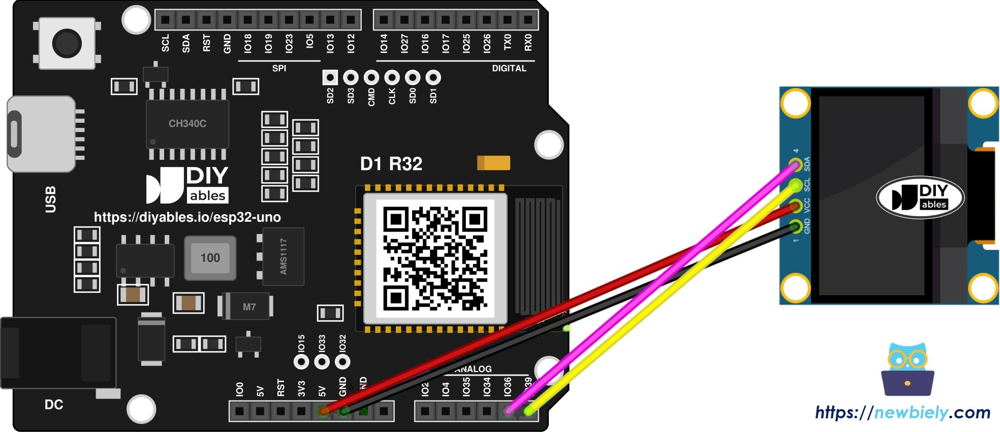 The wiring diagram between ESP32 Uno OLED 128x64