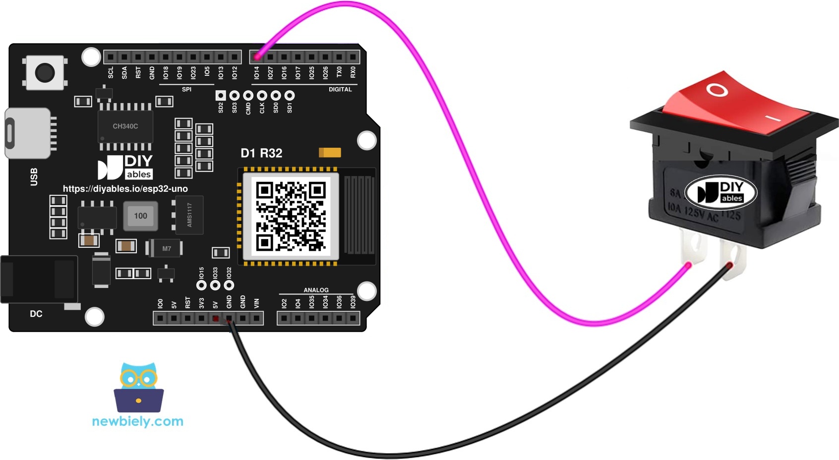 The wiring diagram between ESP32 Uno ON/OFF Switch