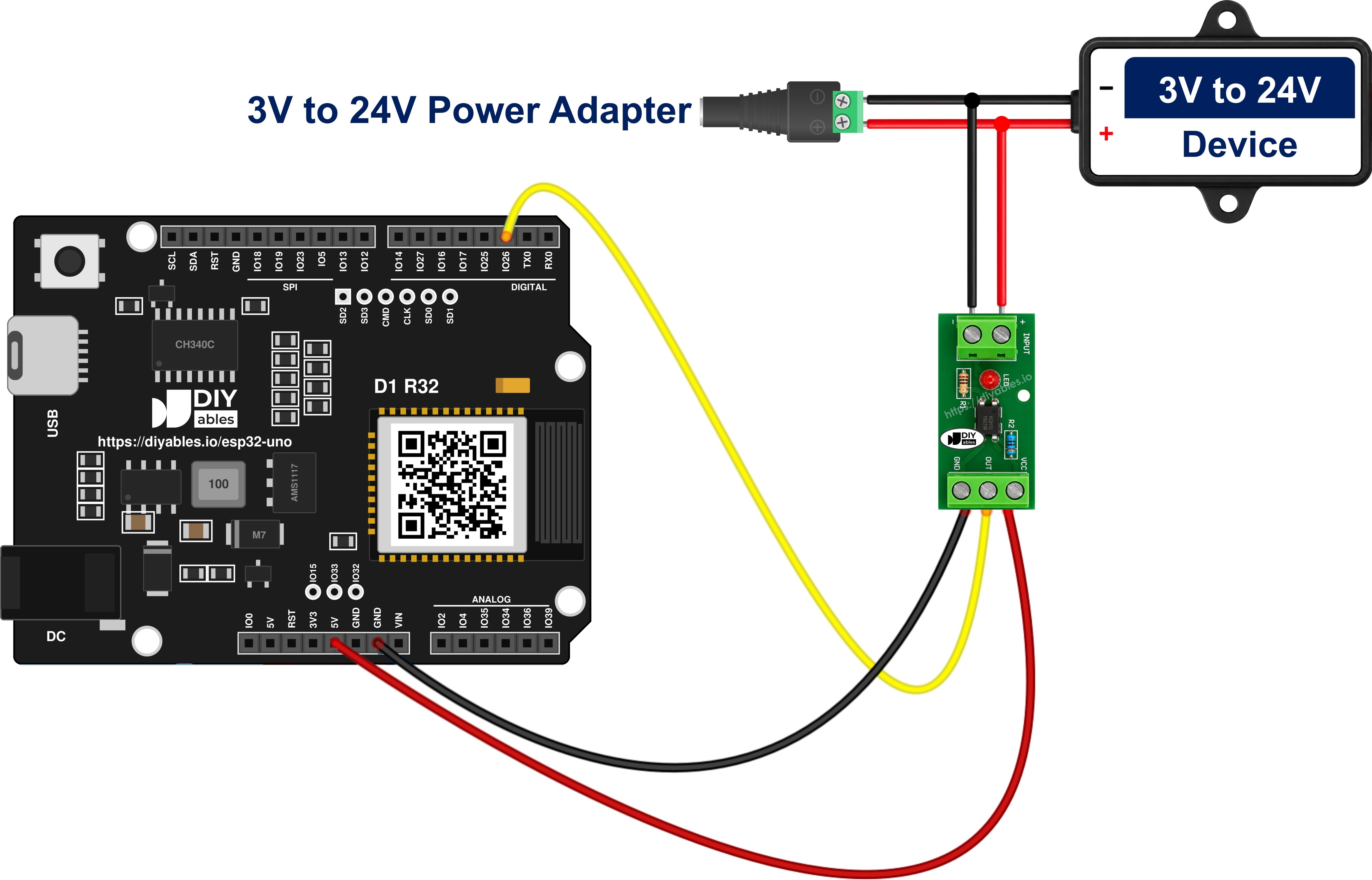 The wiring diagram between ESP32 Uno PC817 optocoupler isolation module 24V
