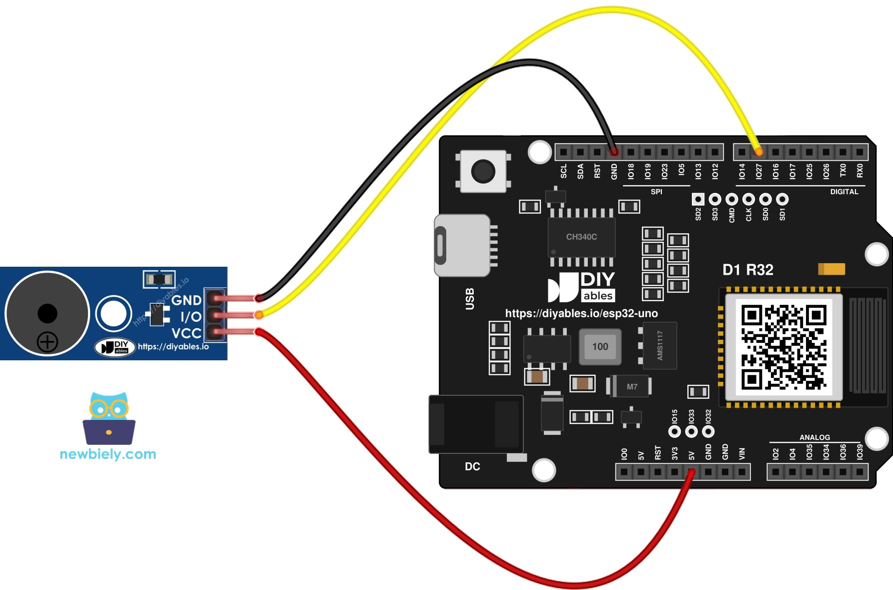 The wiring diagram between ESP32 Uno Buzzer Module