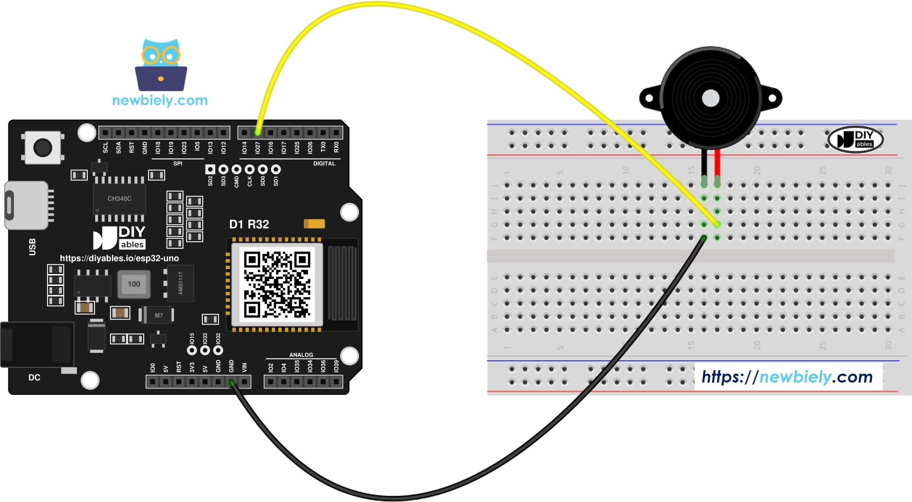 The wiring diagram between ESP32 Uno Buzzer