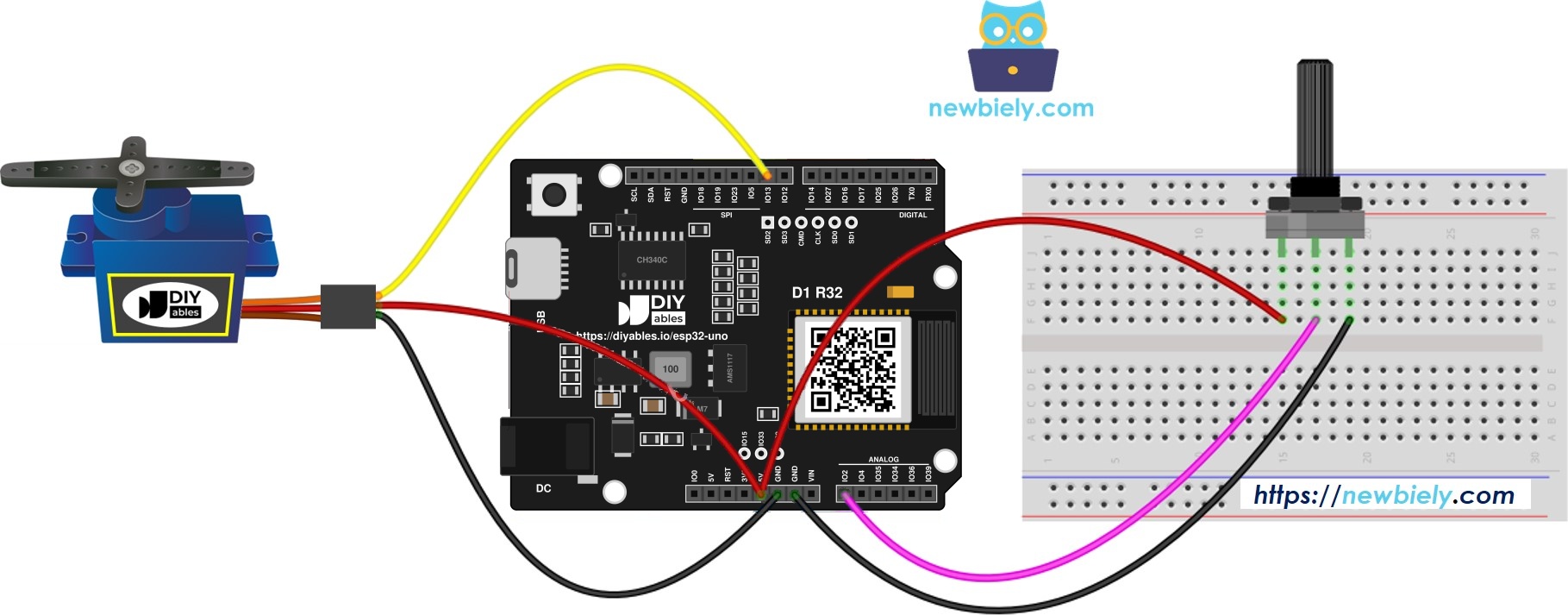 The wiring diagram between ESP32 Uno Servo Motor Potentiometer