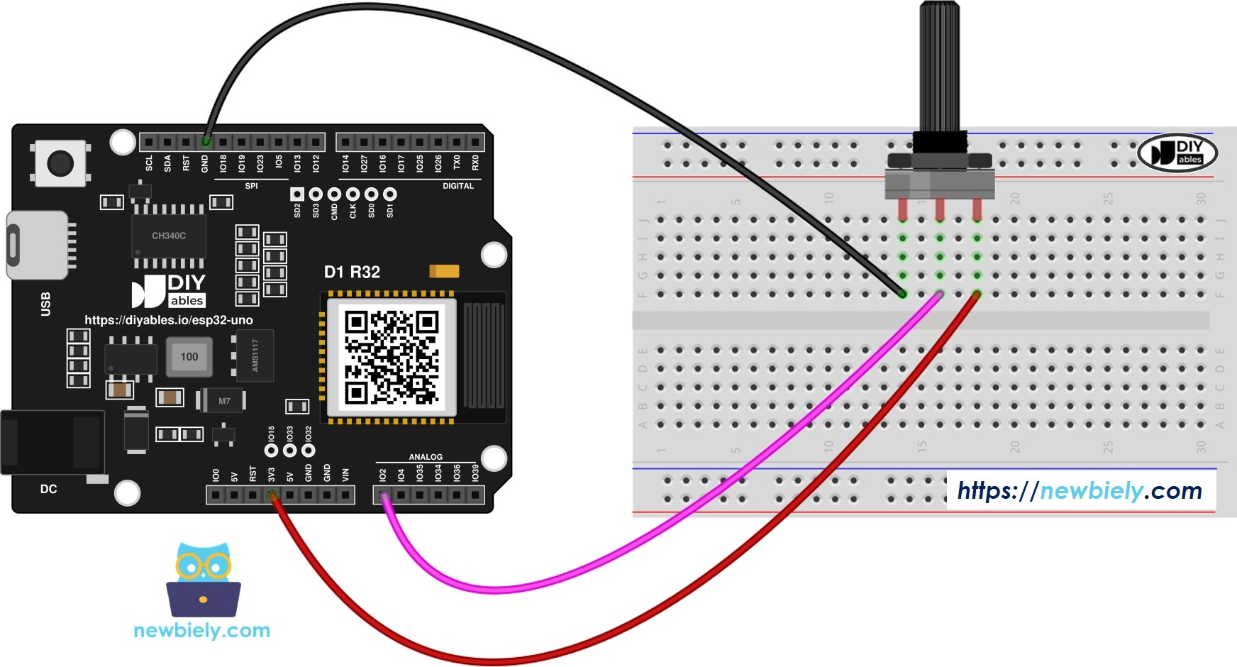 The wiring diagram between ESP32 Uno Potentiometer