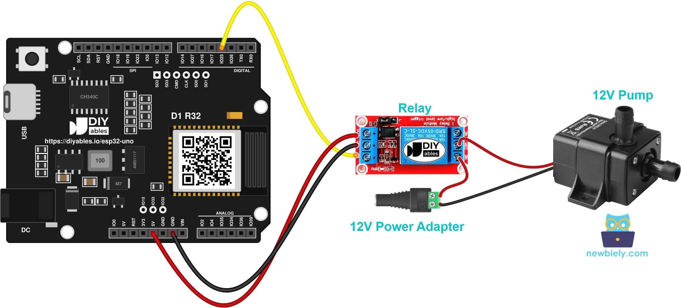 The wiring diagram between ESP32 Uno Pump