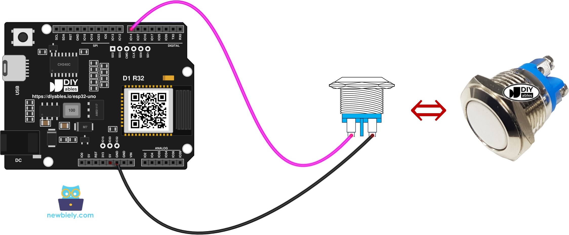 The wiring diagram between ESP32 Uno two-pin push button