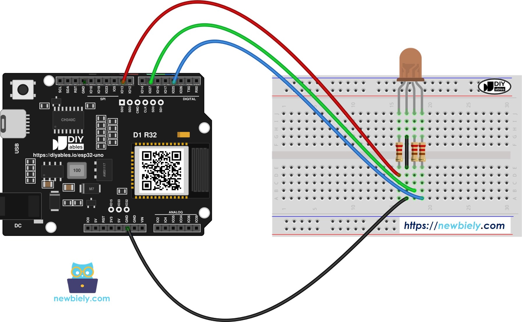The wiring diagram between ESP32 Uno RGB LED