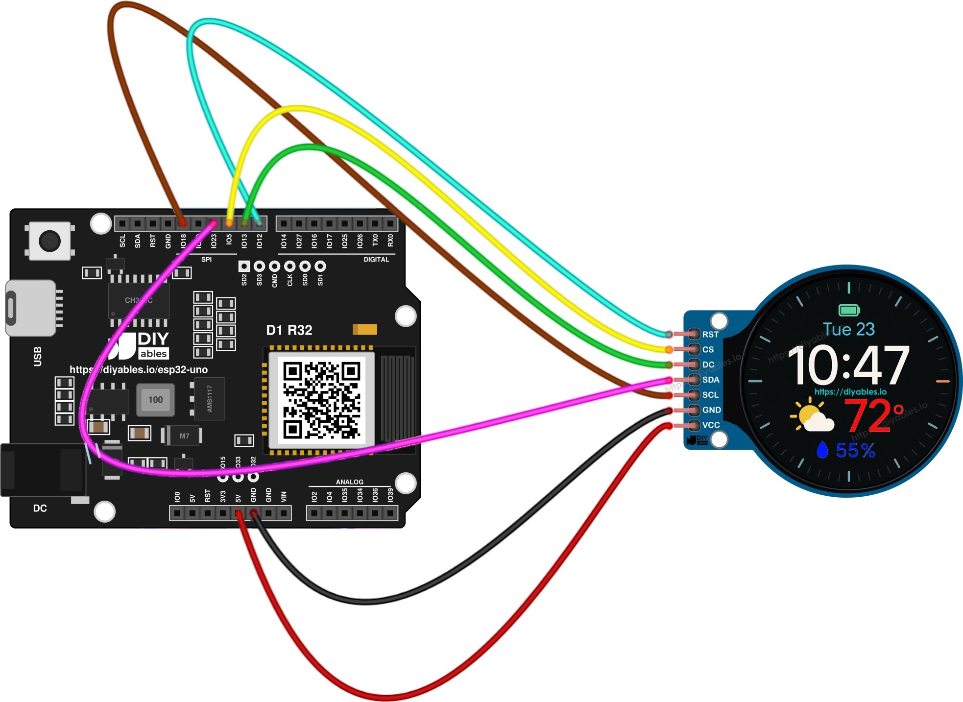 The wiring diagram between ESP32 Uno 1.28 Inch Round Circular TFT LCD Display Screen