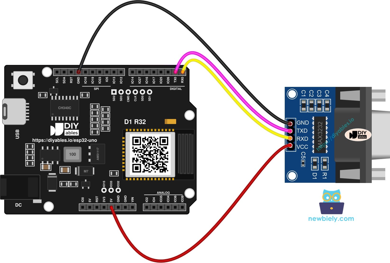 The wiring diagram between ESP32 Uno TTL to RS232