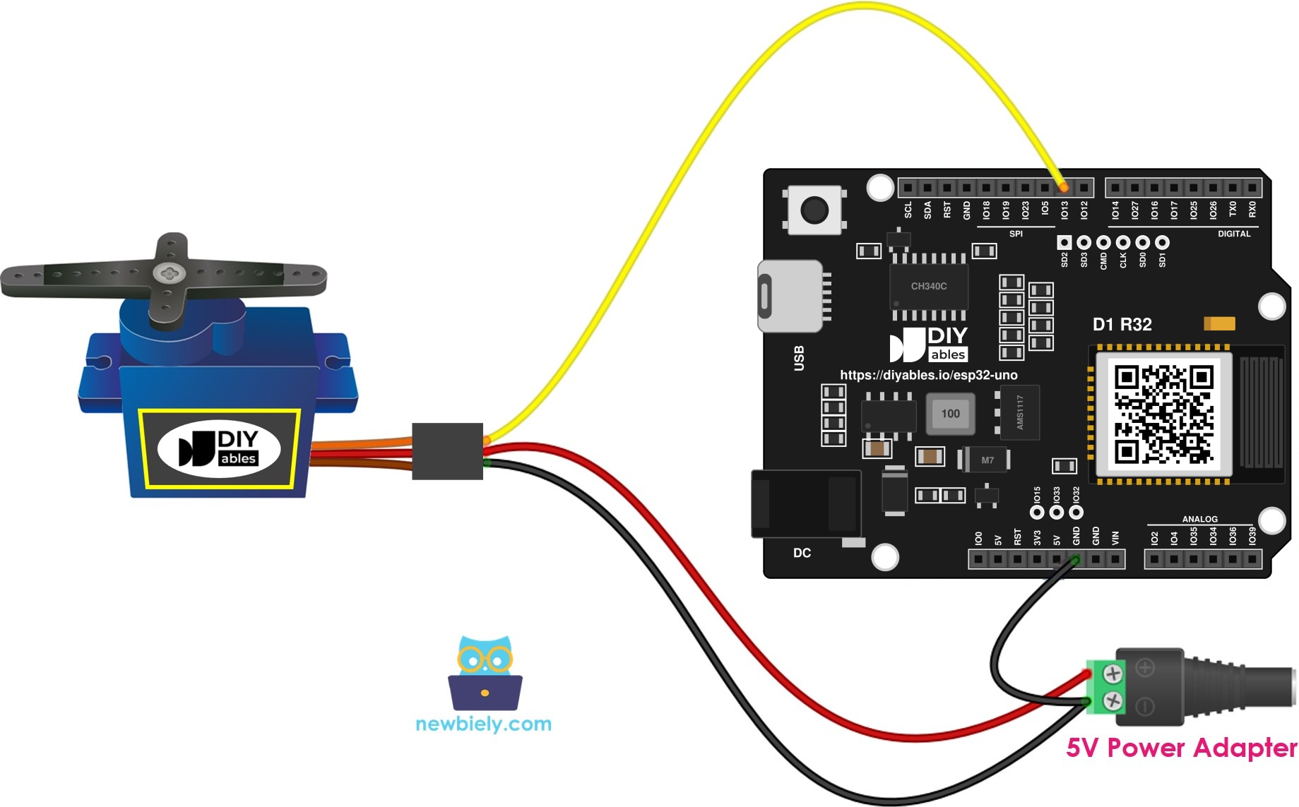 The wiring diagram between ESP32 Uno servo motor external power supply