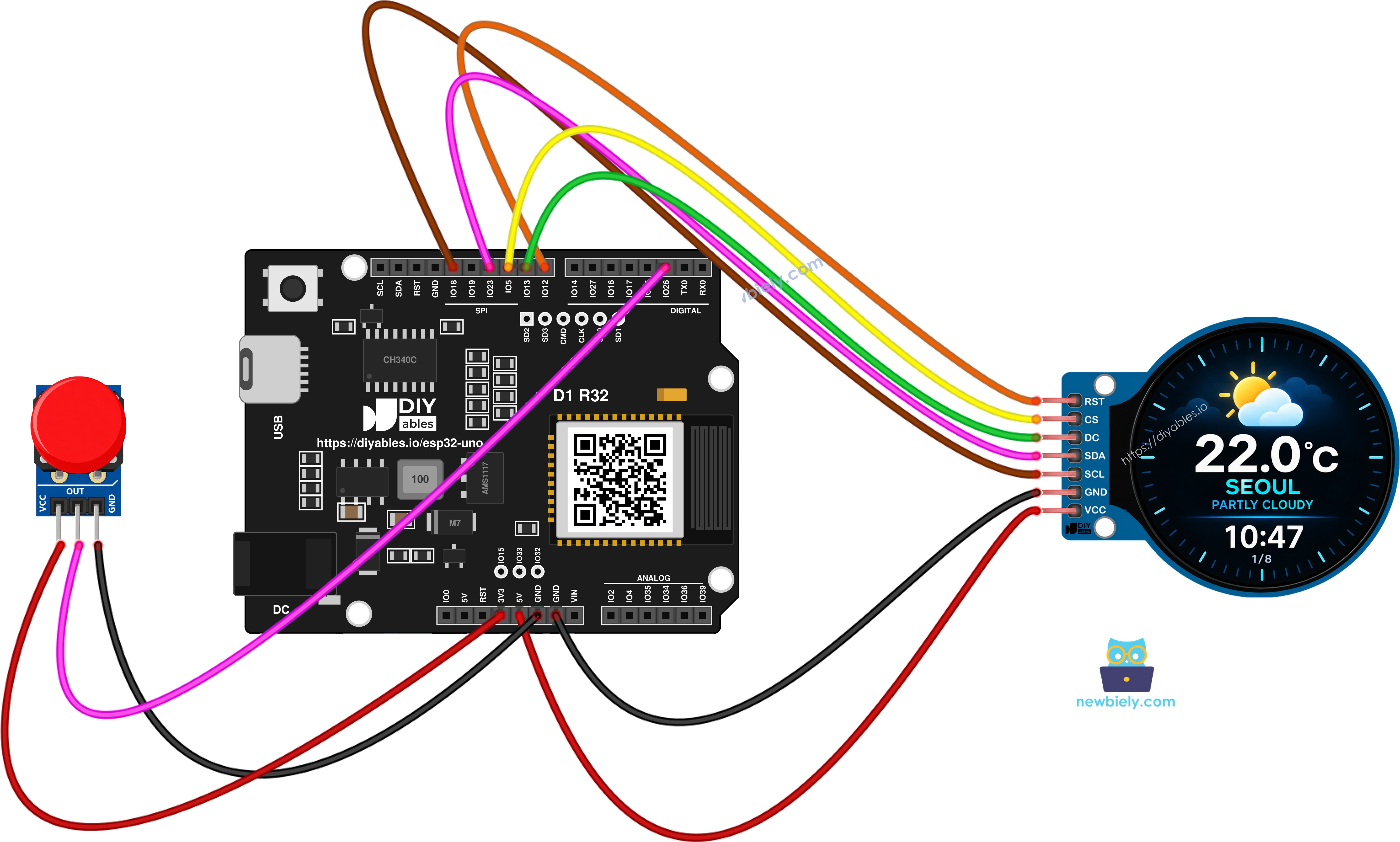 The wiring diagram between ESP32 Uno smart weather station  with button module