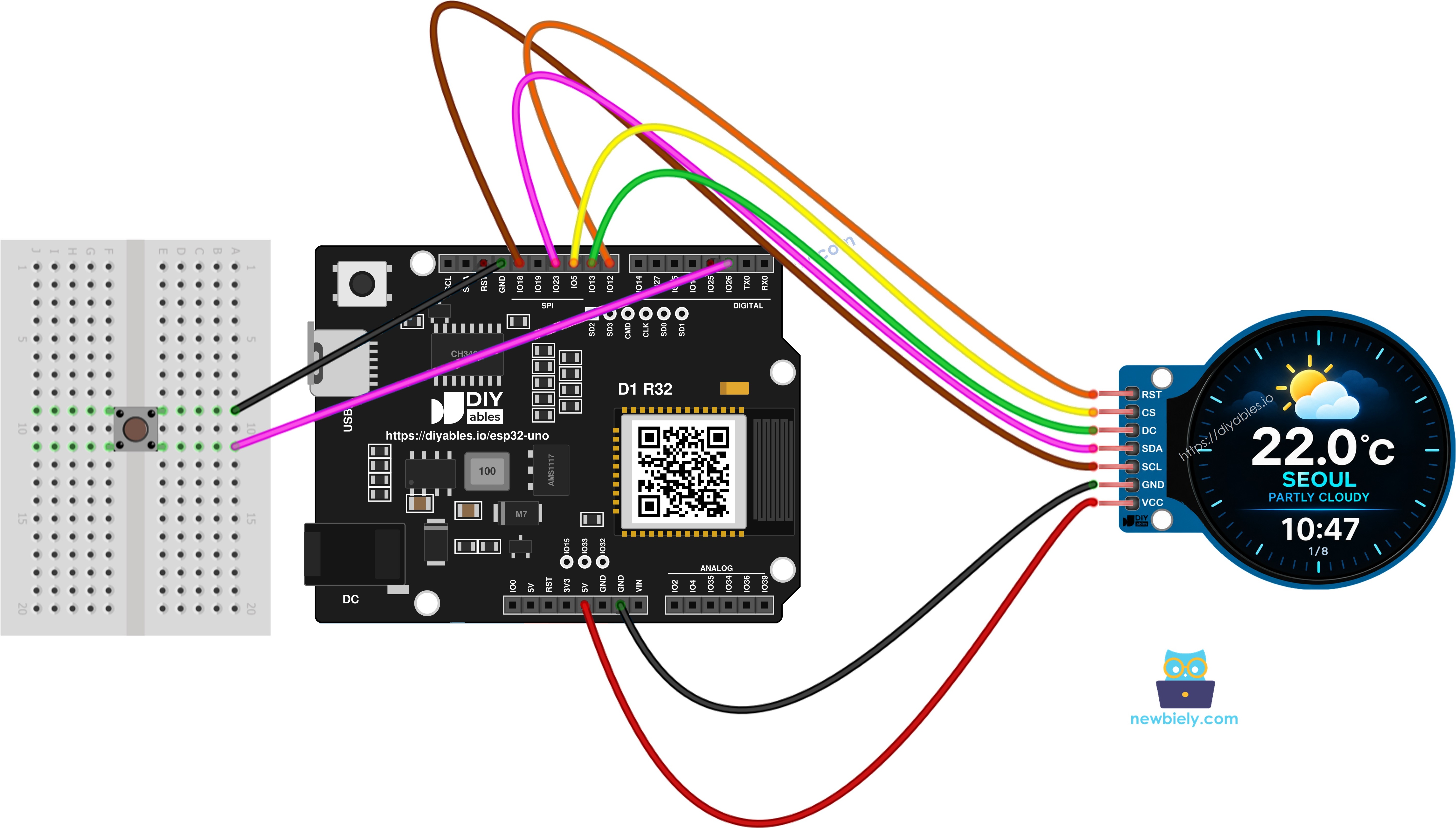 The wiring diagram between ESP32 Uno smart weather station  with push button