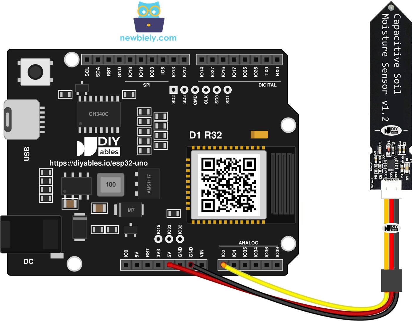 The wiring diagram between ESP32 Uno soil moisture sensor