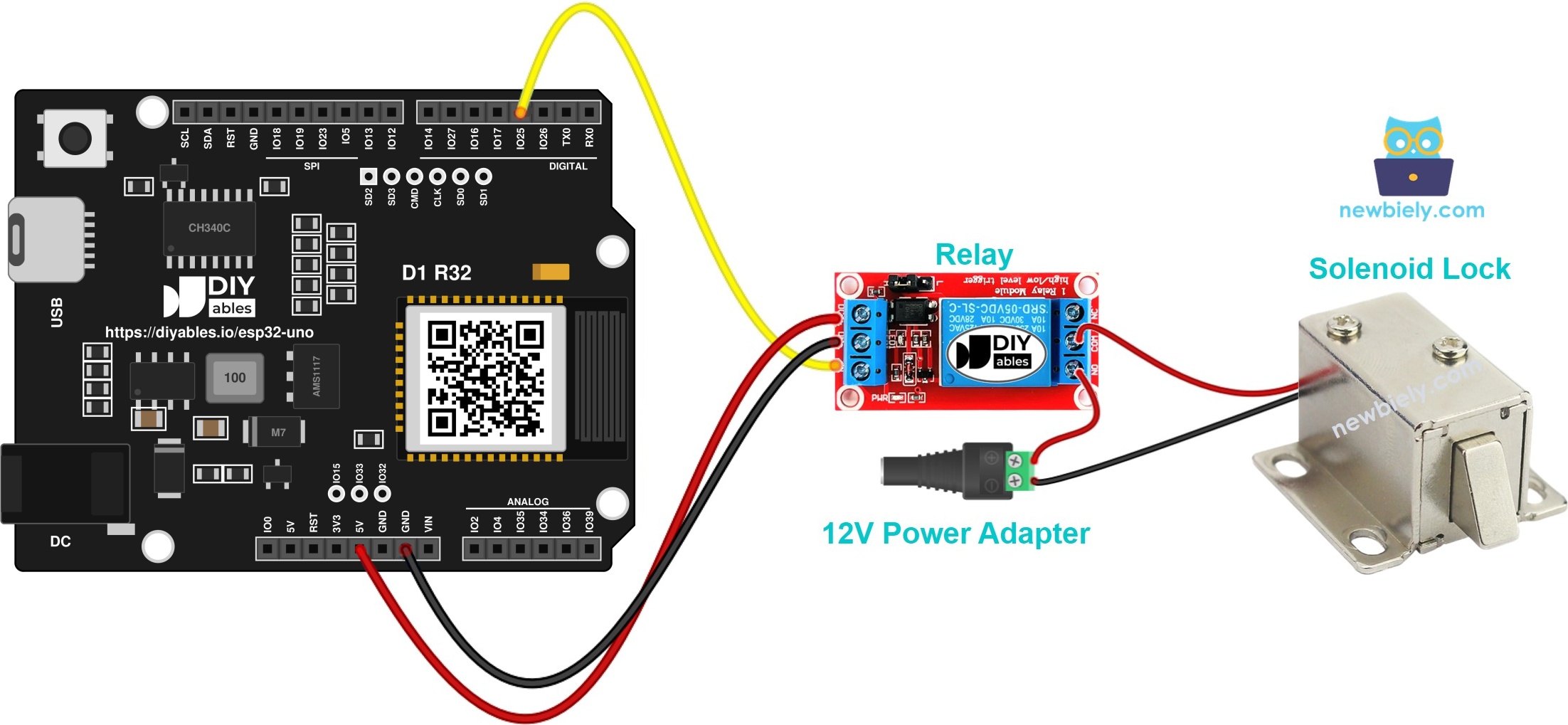 The wiring diagram between ESP32 Uno solenoid lock