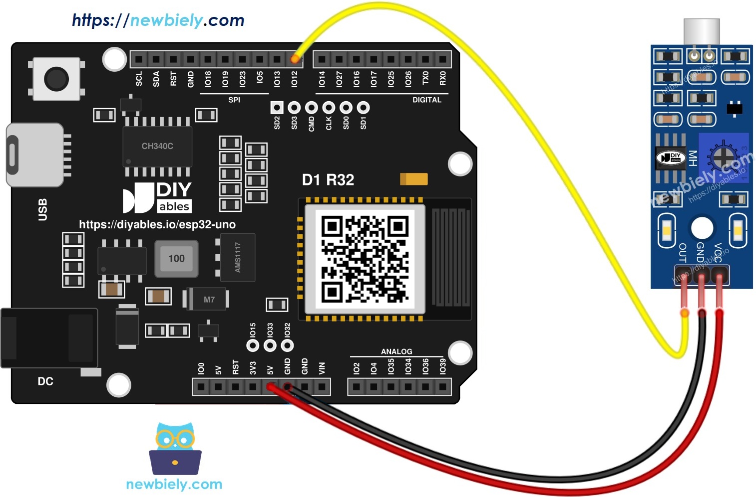 The wiring diagram between ESP32 Uno Sound Sensor