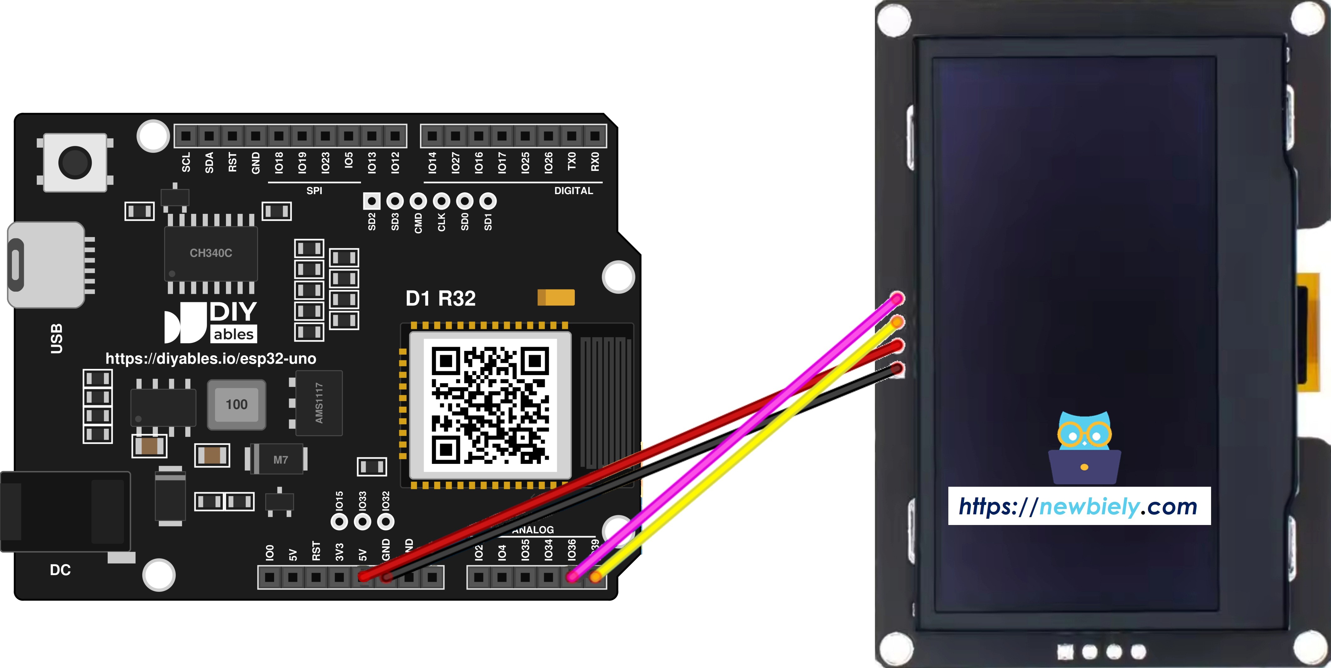 The wiring diagram between ESP32 Uno SSD1309 OLED 128x64