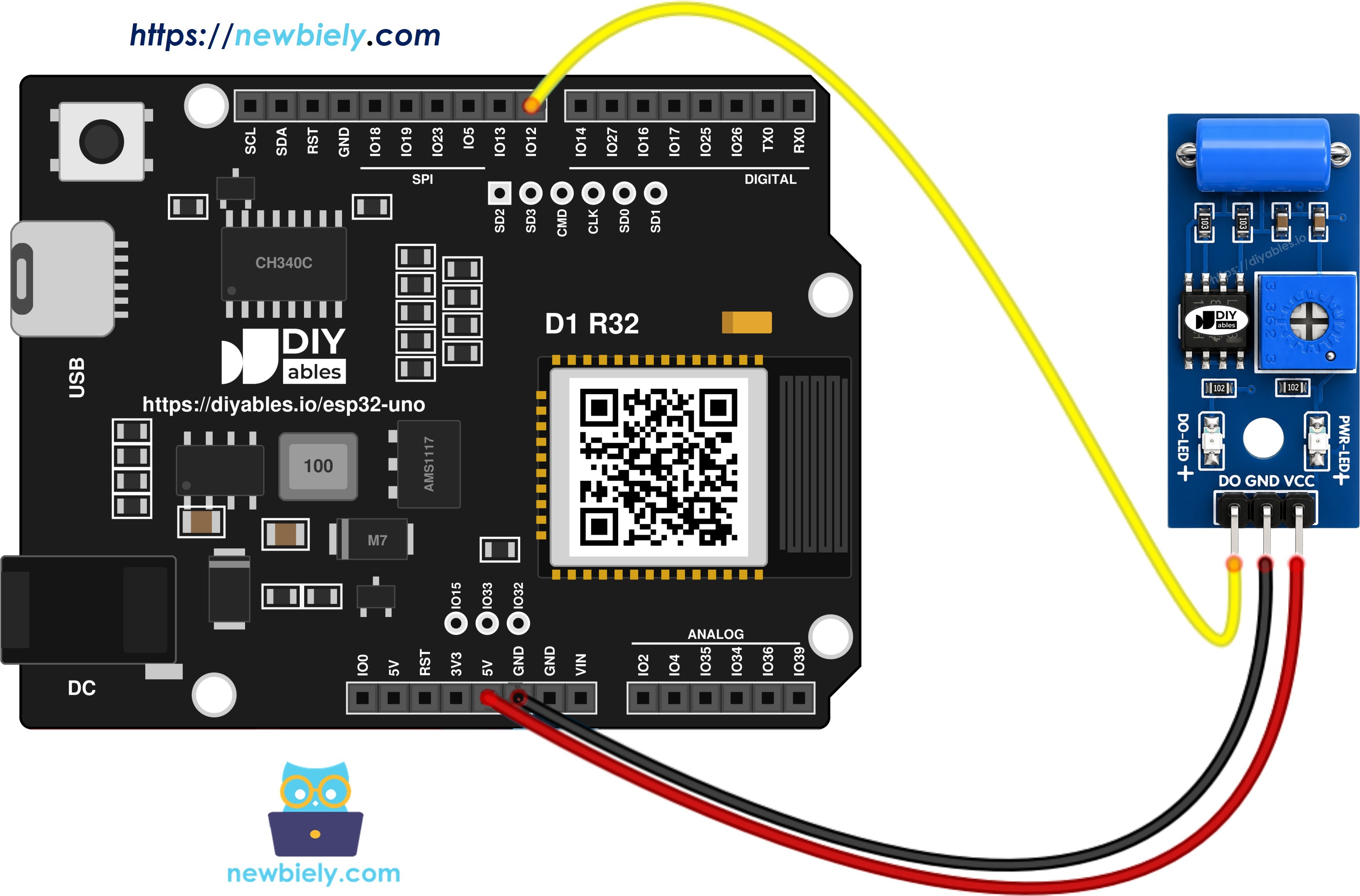 The wiring diagram between ESP32 Uno SW-420 Vibration Sensor