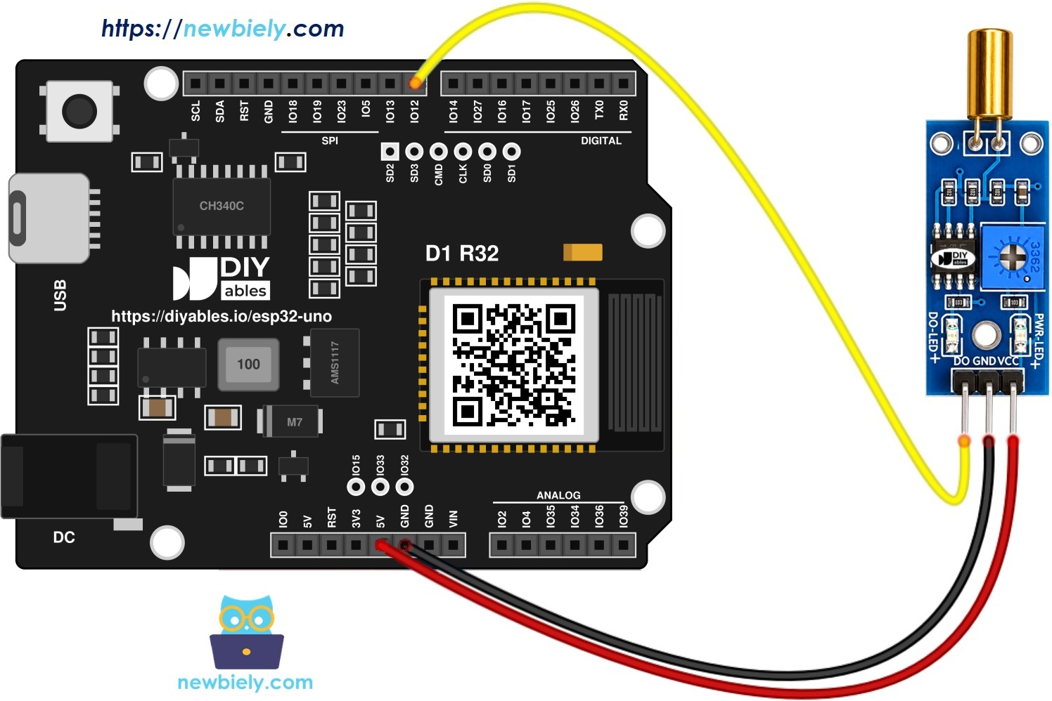 The wiring diagram between ESP32 Uno SW520D Tilt Sensor