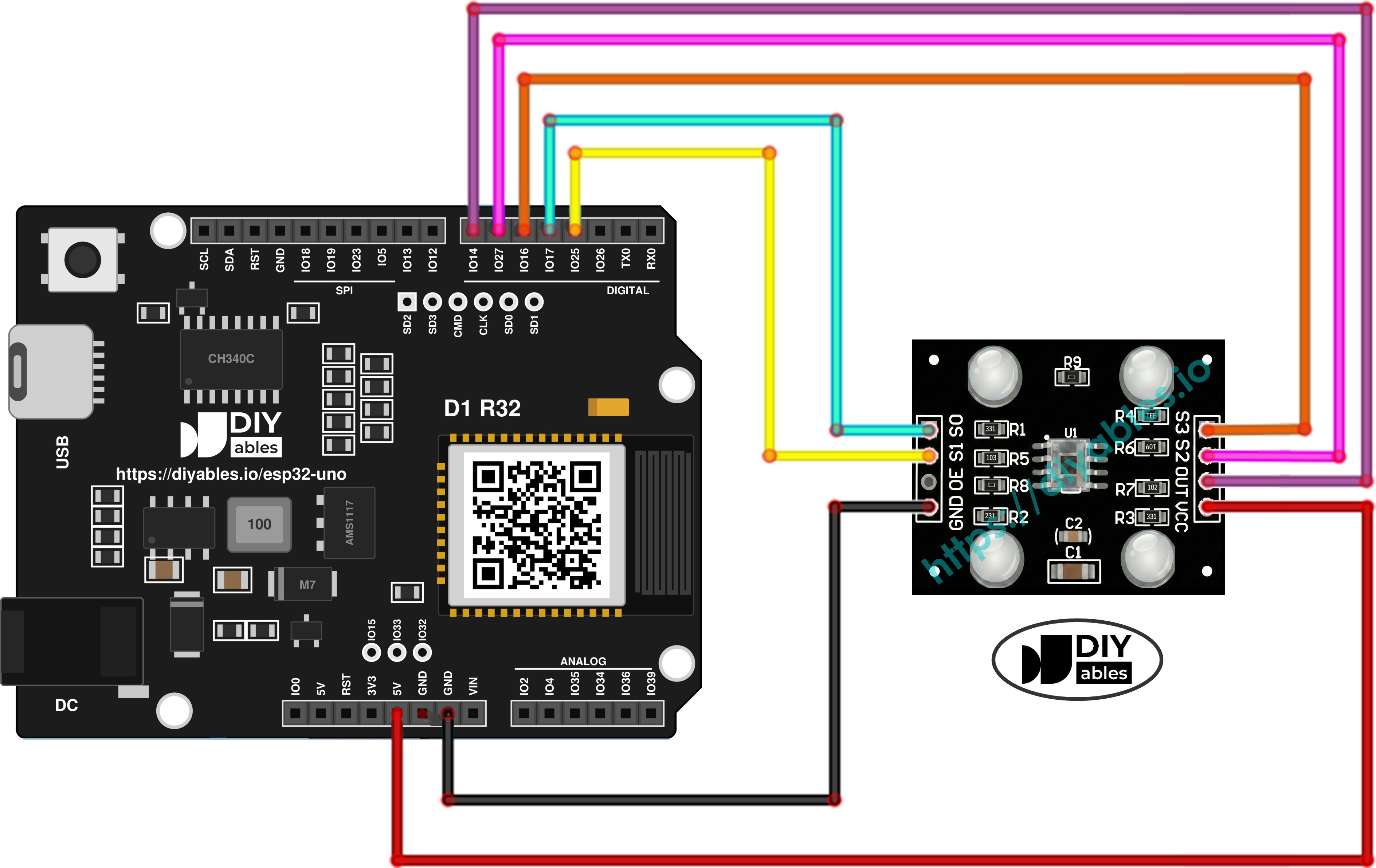 The wiring diagram between ESP32 Uno and TCS3200 color sensor